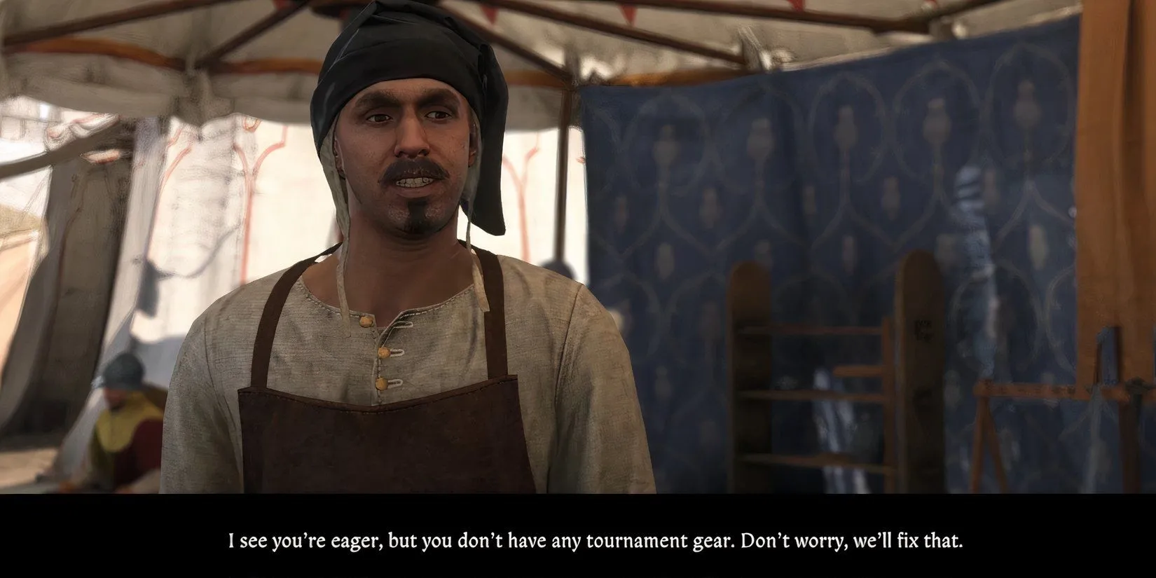 Henry trao đổi với người quản lý trang bị tại giải đấu Kuttenberg trong Kingdom Come Deliverance 2