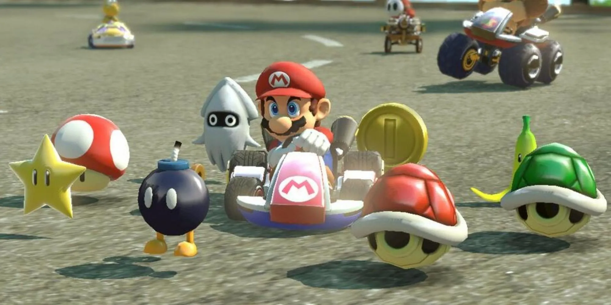 Hiệu ứng Crazy 8 với Bob-omb, vỏ rùa, sao, chuối... trong game Mario Kart 8 Deluxe