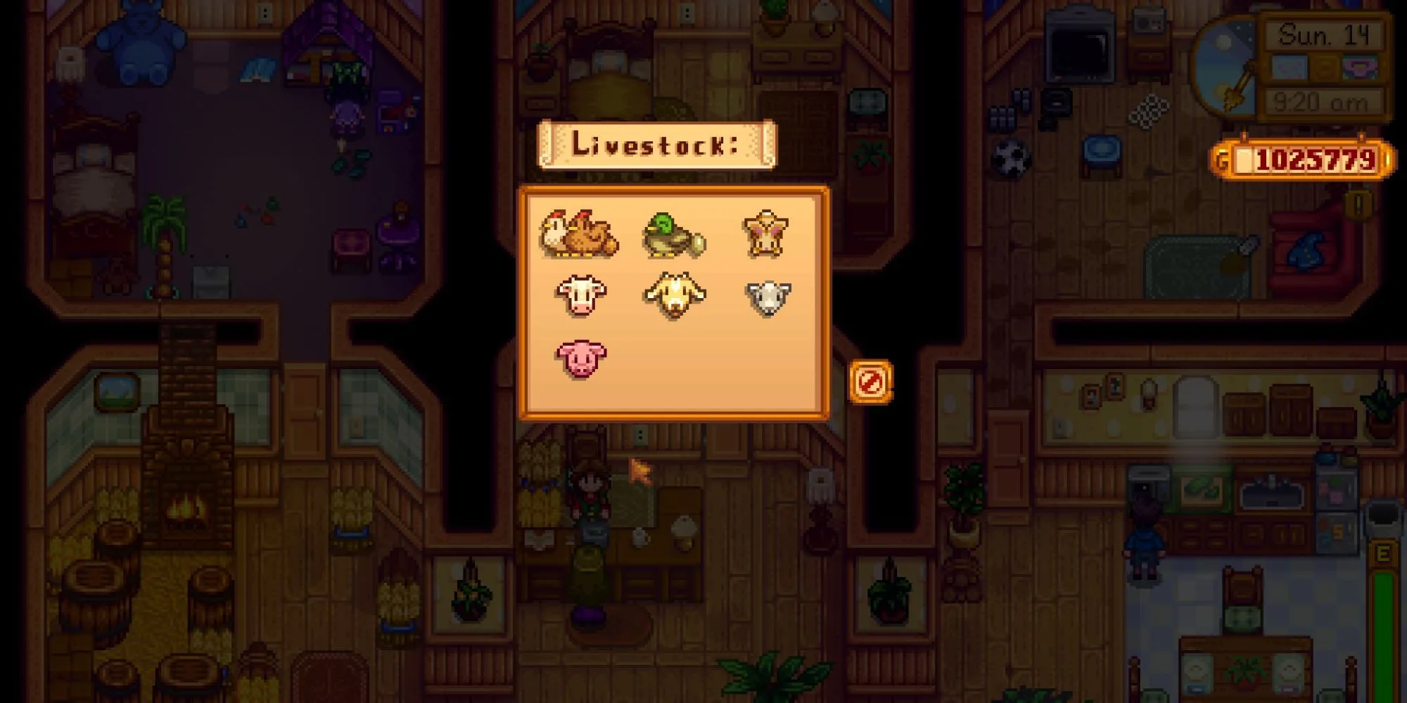 Hình ảnh các loại vật nuôi trong chuồng ở Stardew Valley, bao gồm gà, thỏ, vịt