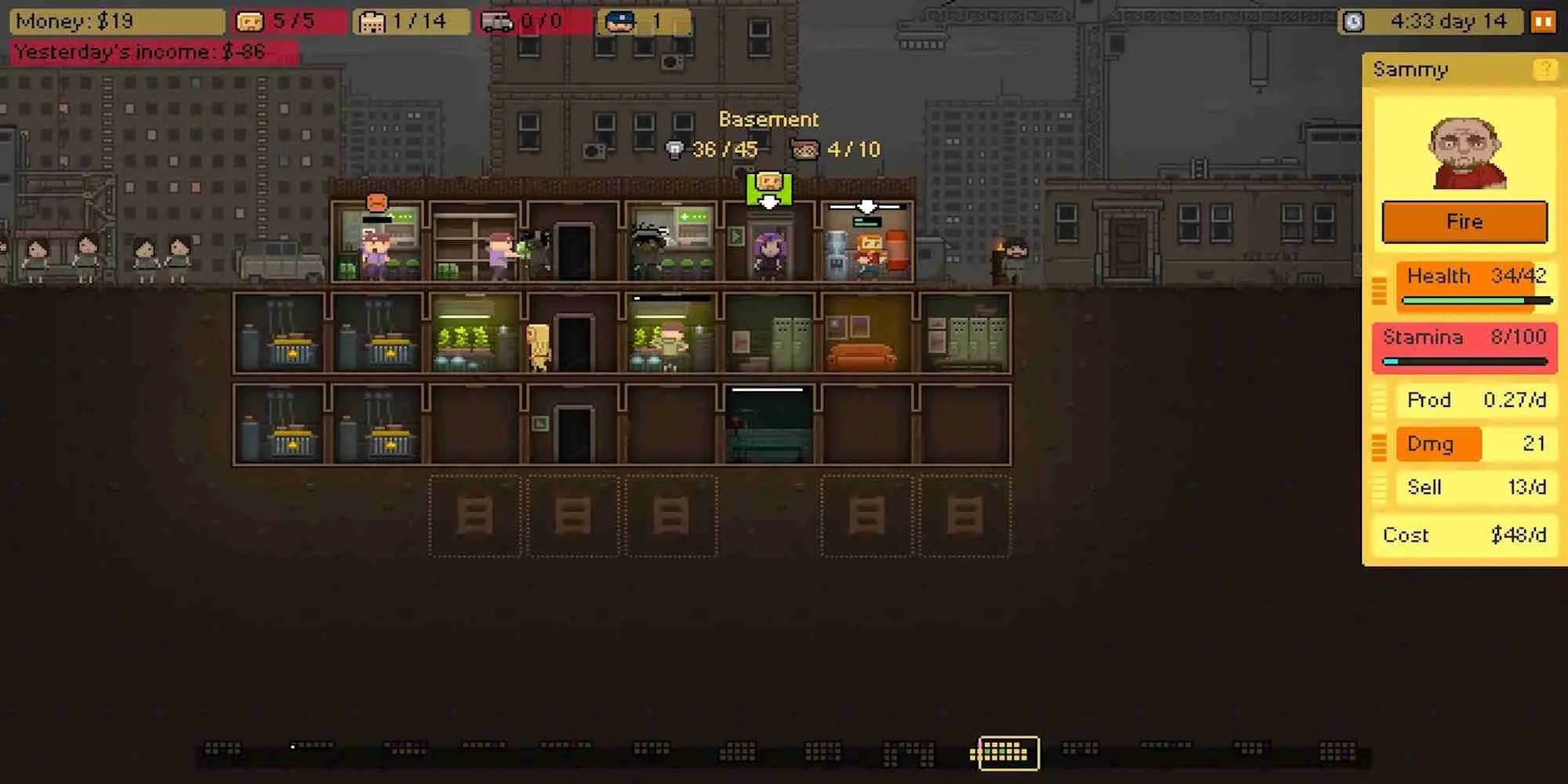 Hình ảnh gameplay Basement, hiển thị giao diện quản lý căn hầm và các hoạt động sản xuất/buôn bán