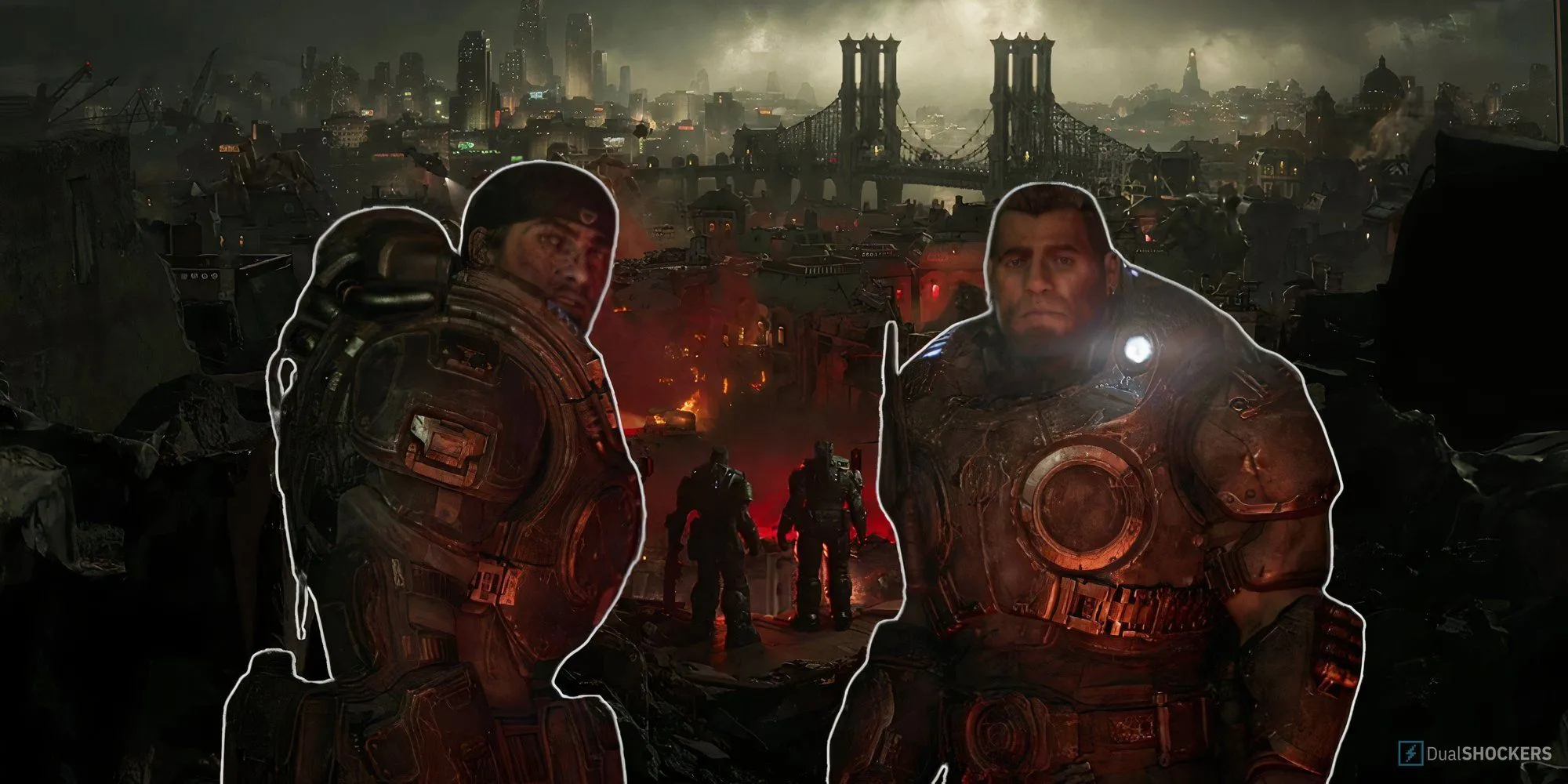 Hình ảnh Marcus Fenix và Dom Santiago trong trailer Gears of War: E-Day nhìn ra thành phố đang bị tàn phá, thể hiện nỗi đau sau cuộc chiến Pendulum Wars