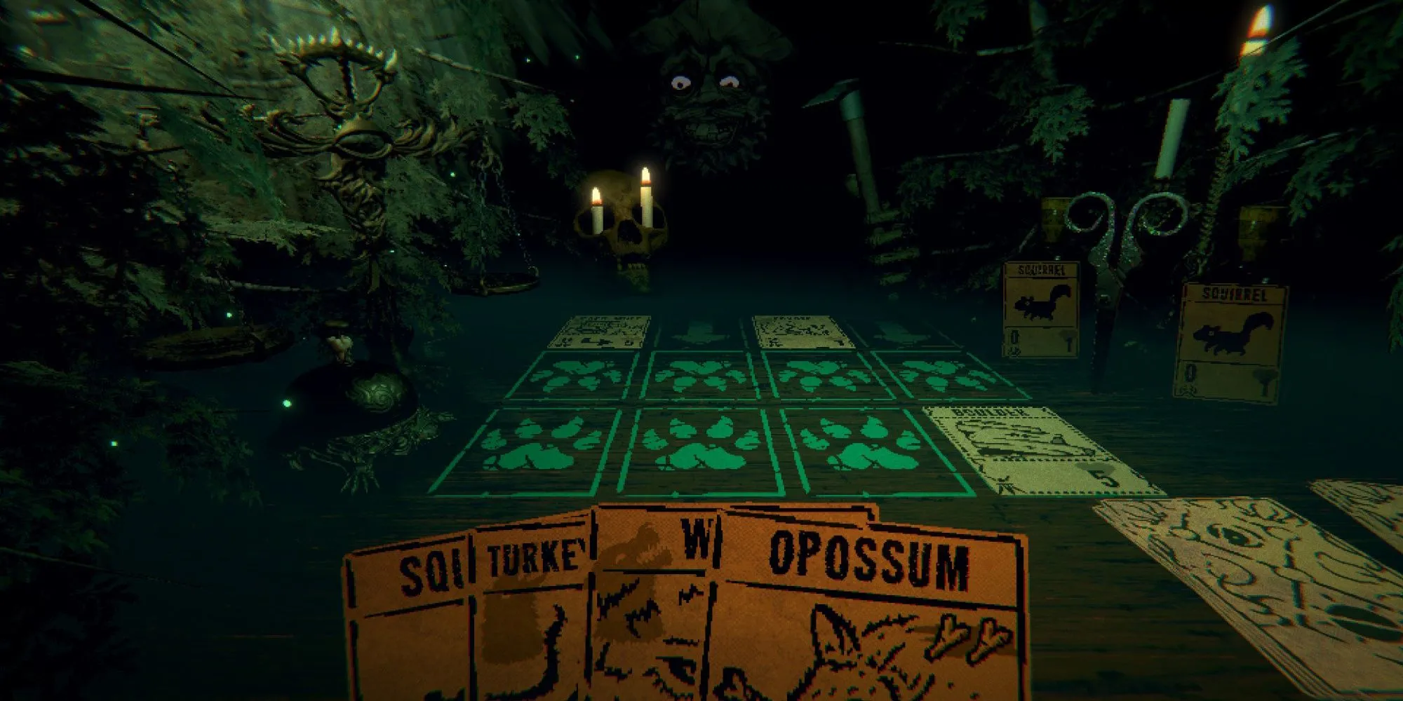 Hình ảnh thẻ bài và không khí u ám trong game Inscryption