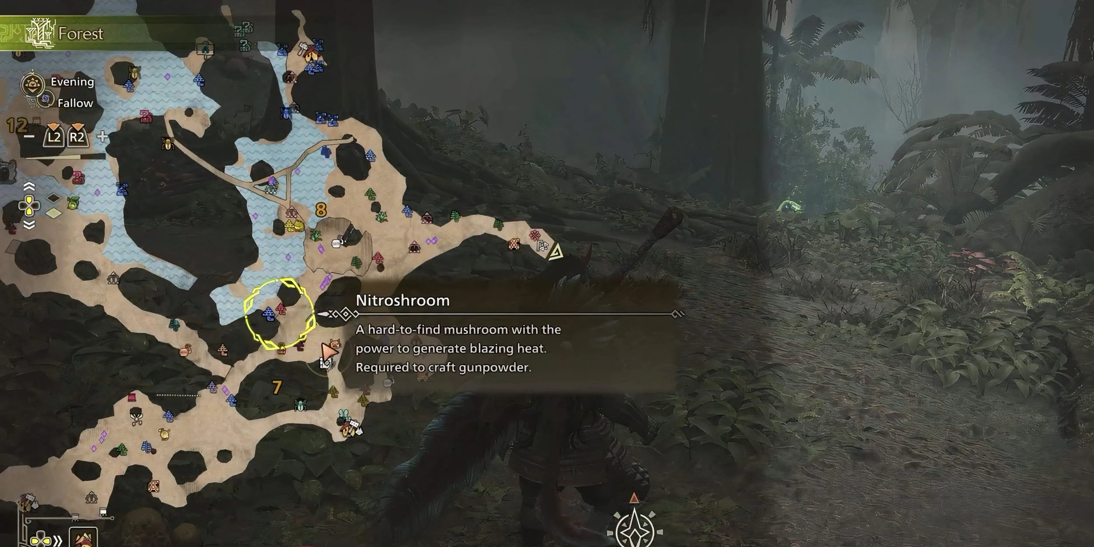 Hình ảnh vị trí có thể tìm thấy Nitroshroom trong khu vực Scarlet Forest của Monster Hunter Wilds.