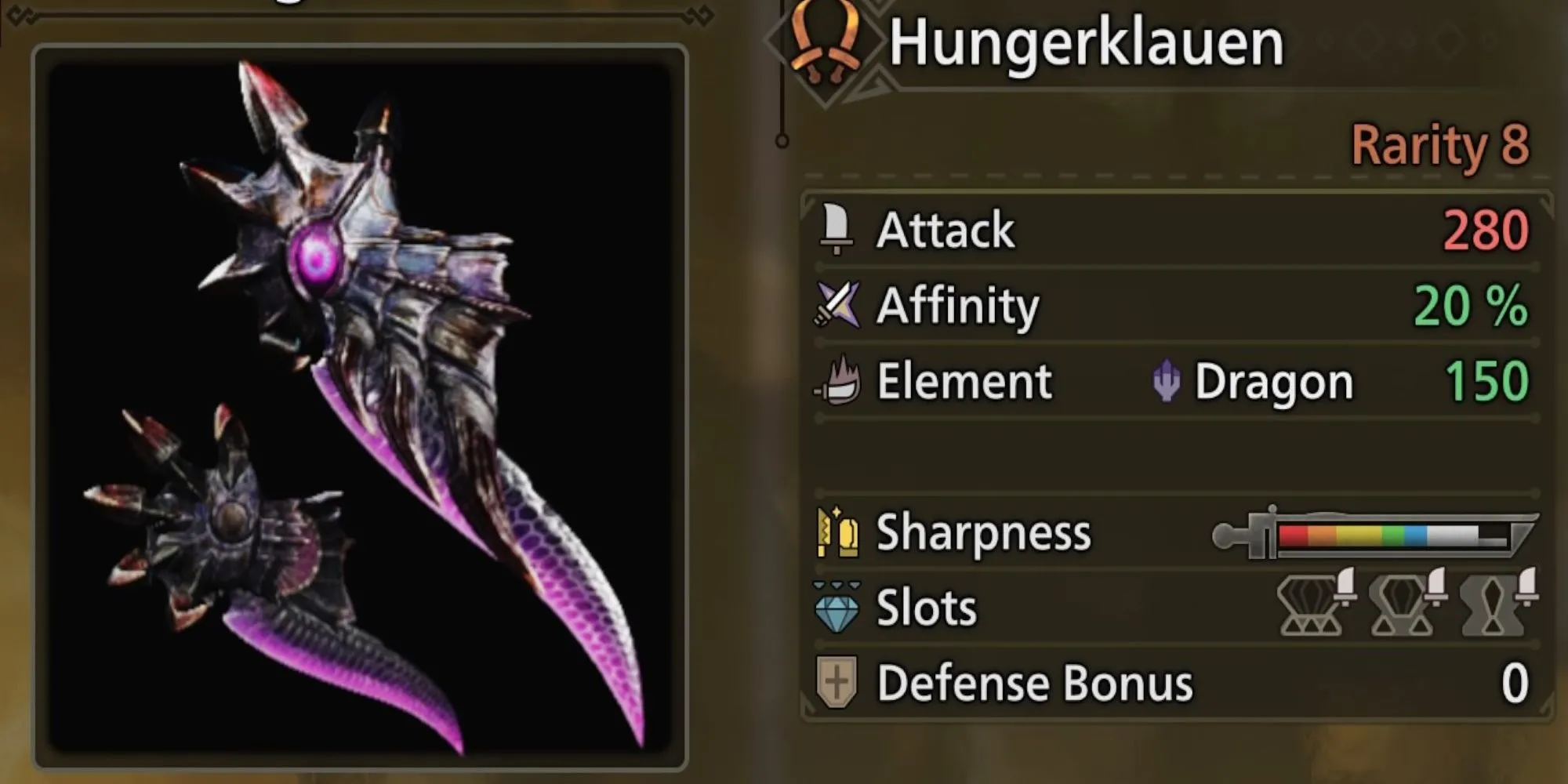 Hungerklauen - Song Đao hệ Rồng từ Gore Magala trong Monster Hunter Wilds, sở hữu Affinity cao và Critical Element
