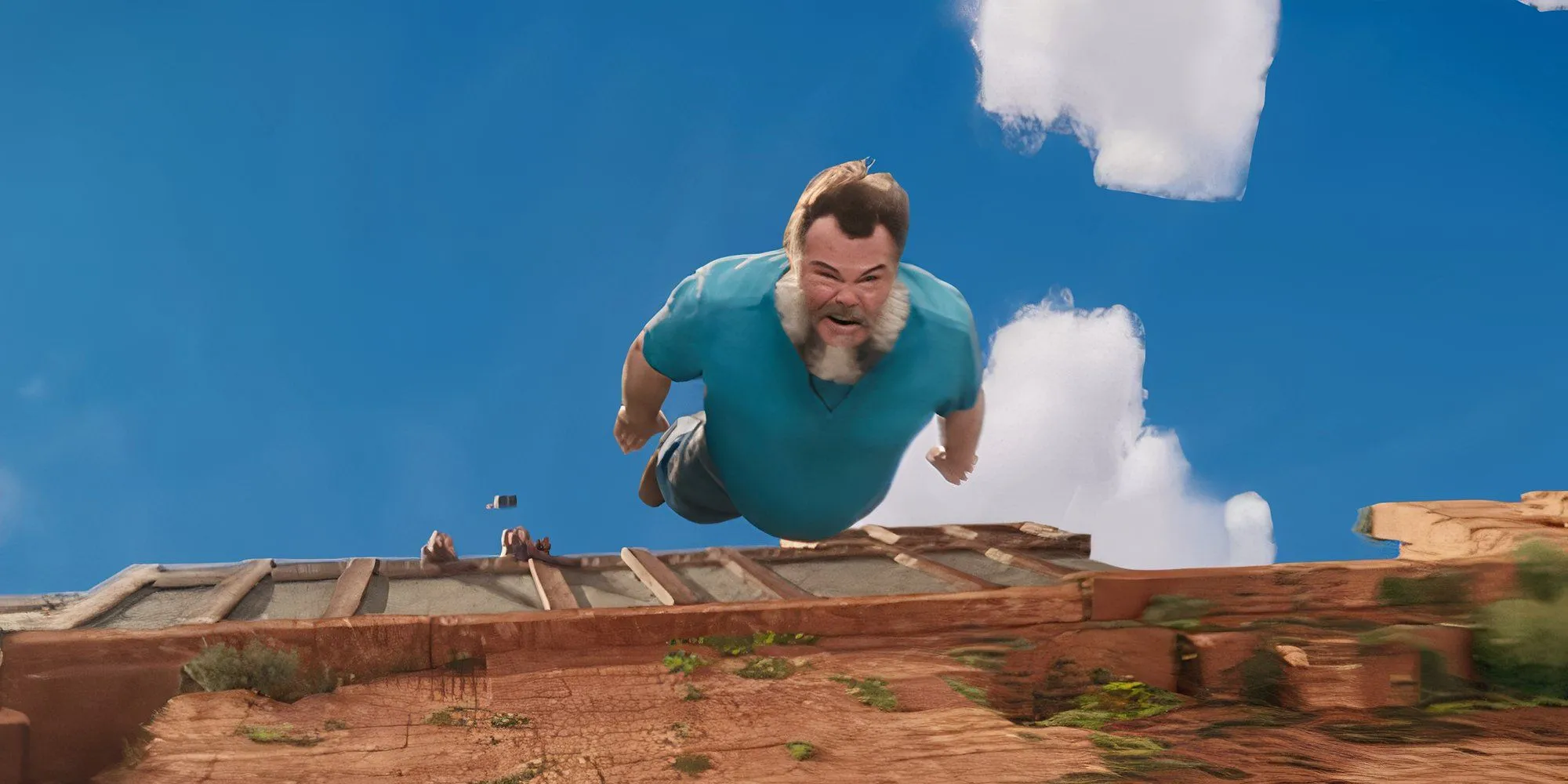 Jack Black trong vai Steve đang rơi tự do trong phim A Minecraft Movie