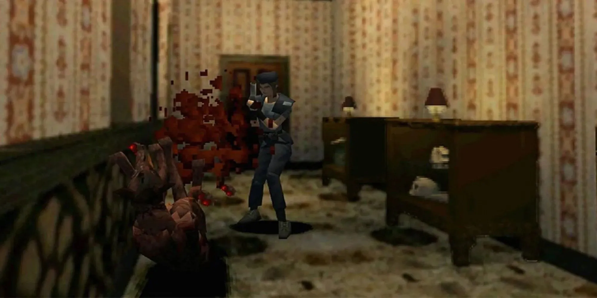 Jill Valentine trong Resident Evil bản gốc đang nhắm bắn một kẻ thù, hình ảnh tiêu biểu cho sự khởi đầu của thể loại kinh dị sinh tồn