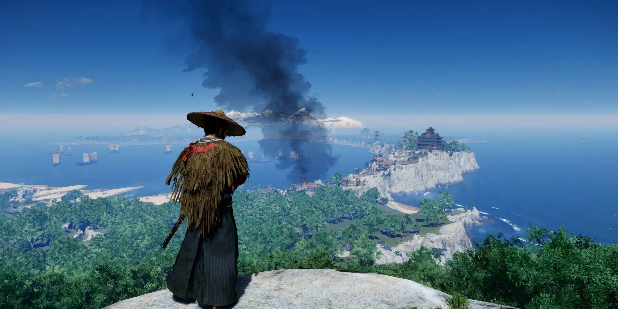 Jin Sakai đứng trên vách đá ngắm nhìn thế giới tuyệt đẹp trong Ghost of Tsushima - kiệt tác thế giới mở của Sucker Punch