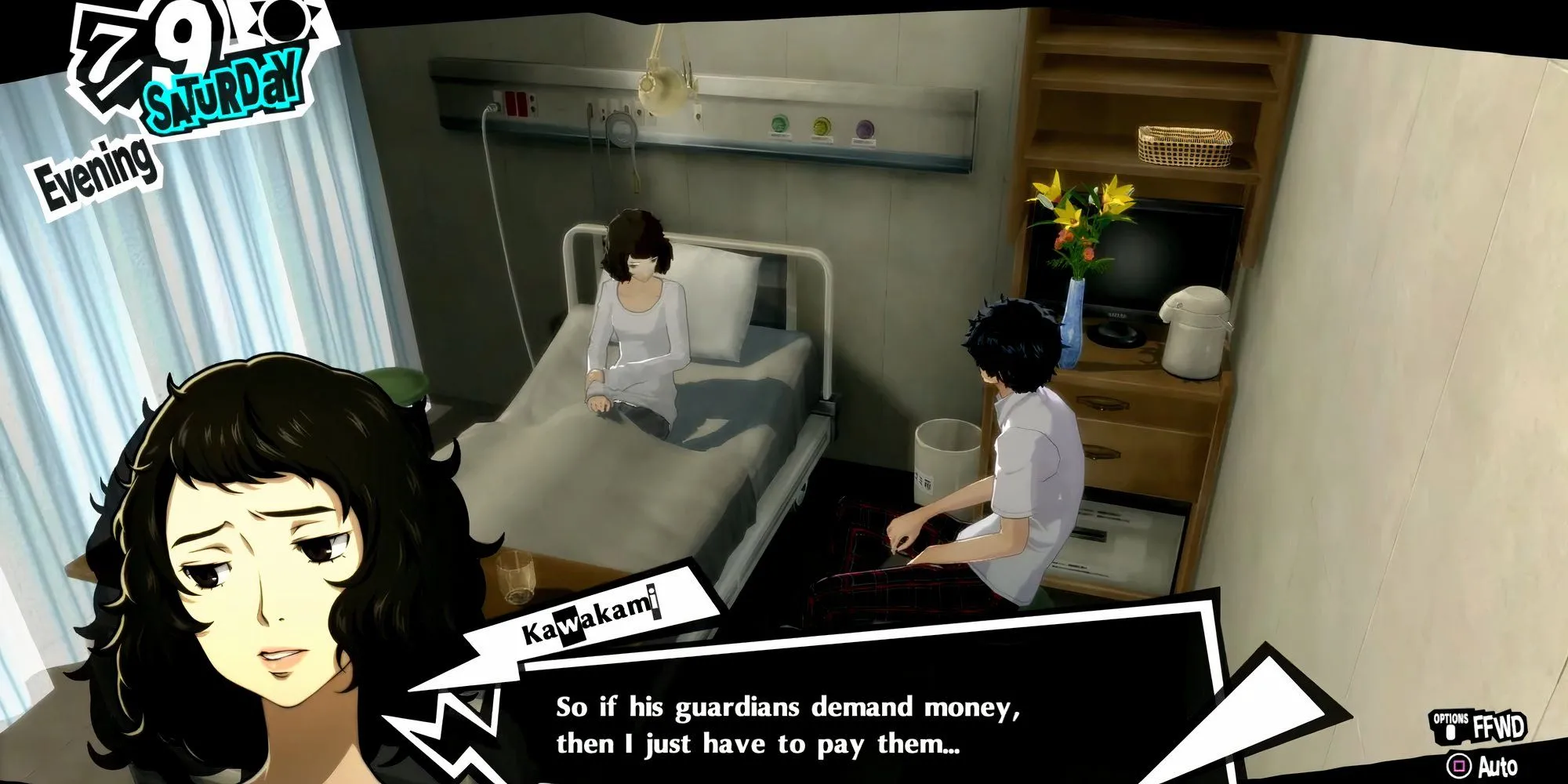 Joker đến thăm Kawakami khi cô nhập viện vì kiệt sức trong Persona 5 Royal