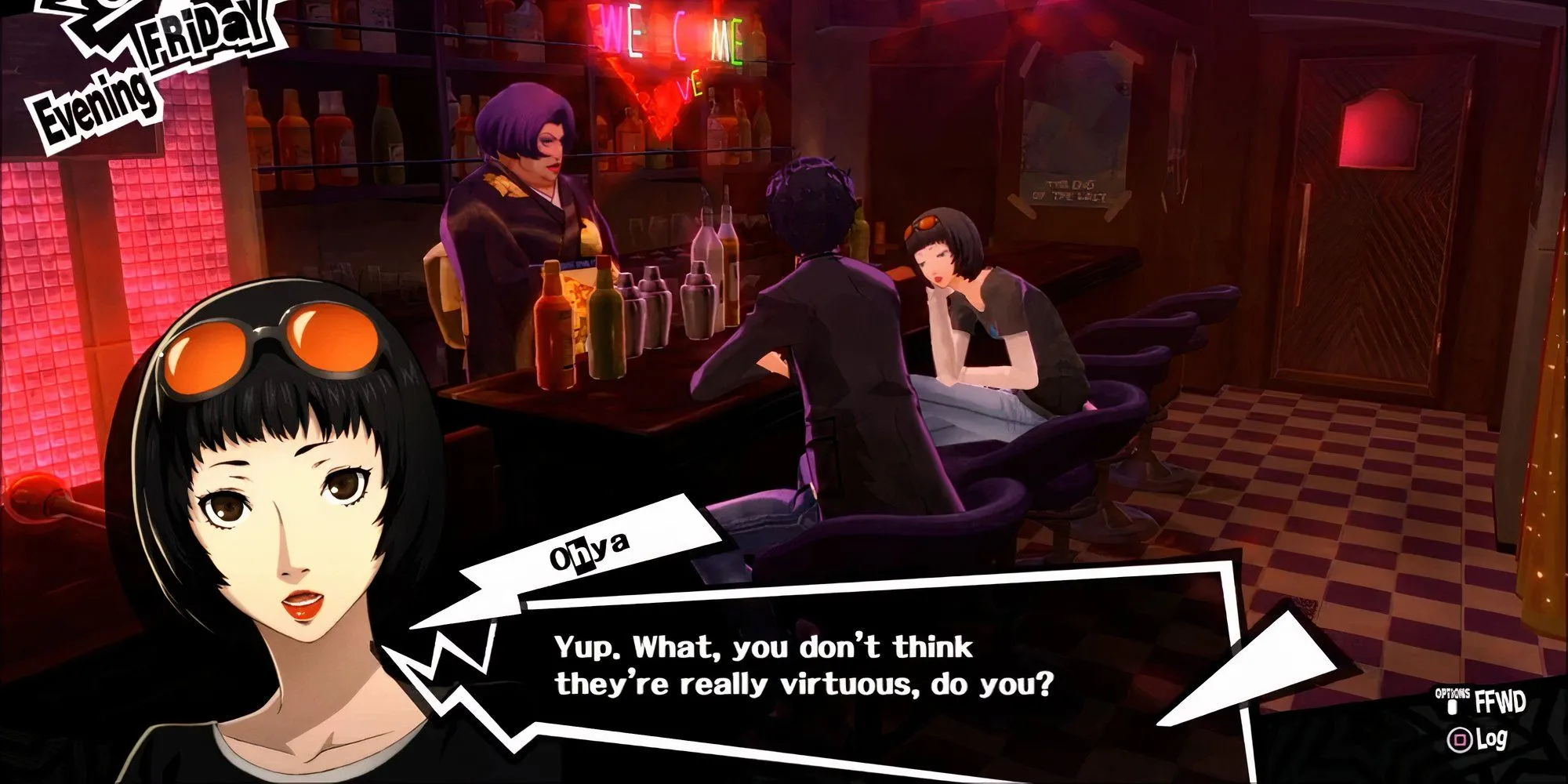 Joker tăng hạng Social Link với Ichiko Ohya tại quán bar Crossroads trong Persona 5 Royal.