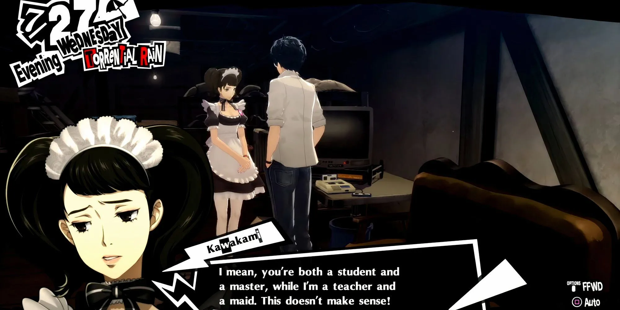 Joker thổ lộ tình cảm với Kawakami tại quán Leblanc trong Persona 5 Royal
