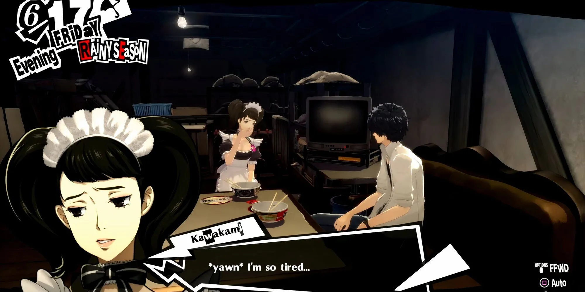Joker và Kawakami cùng ăn mì gói tại quán Leblanc trong Persona 5 Royal