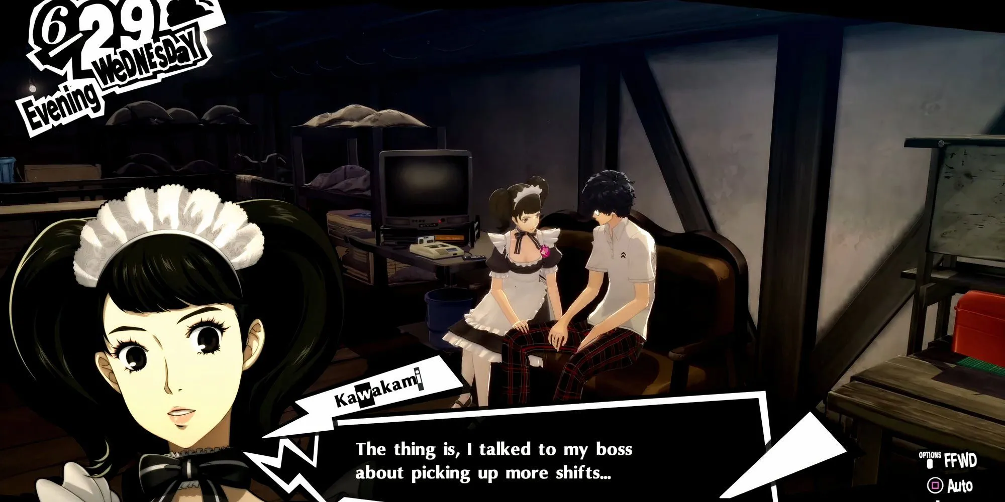 Joker và Kawakami ngồi trò chuyện thân mật tại quán Leblanc trong Persona 5 Royal