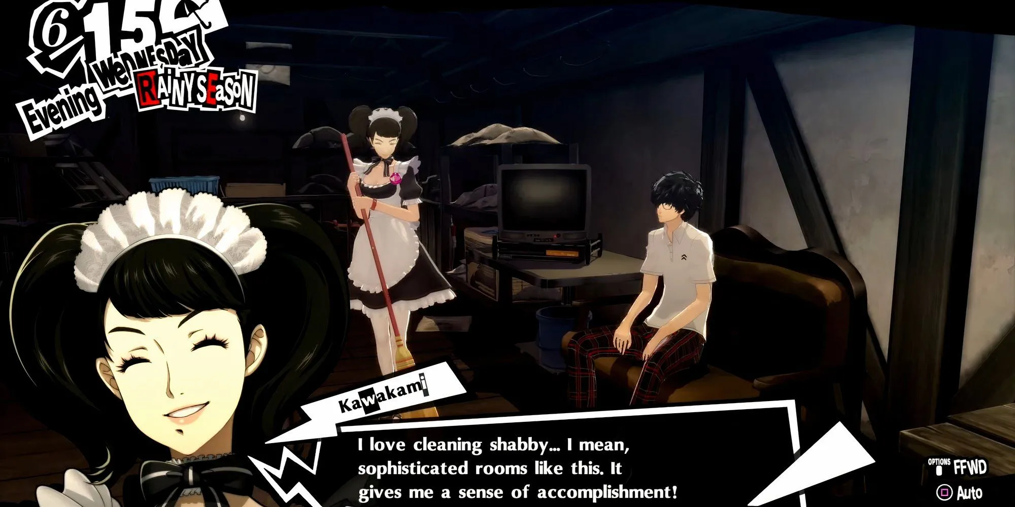 Kawakami đang lau dọn cho Joker tại quán Leblanc trong Persona 5 Royal