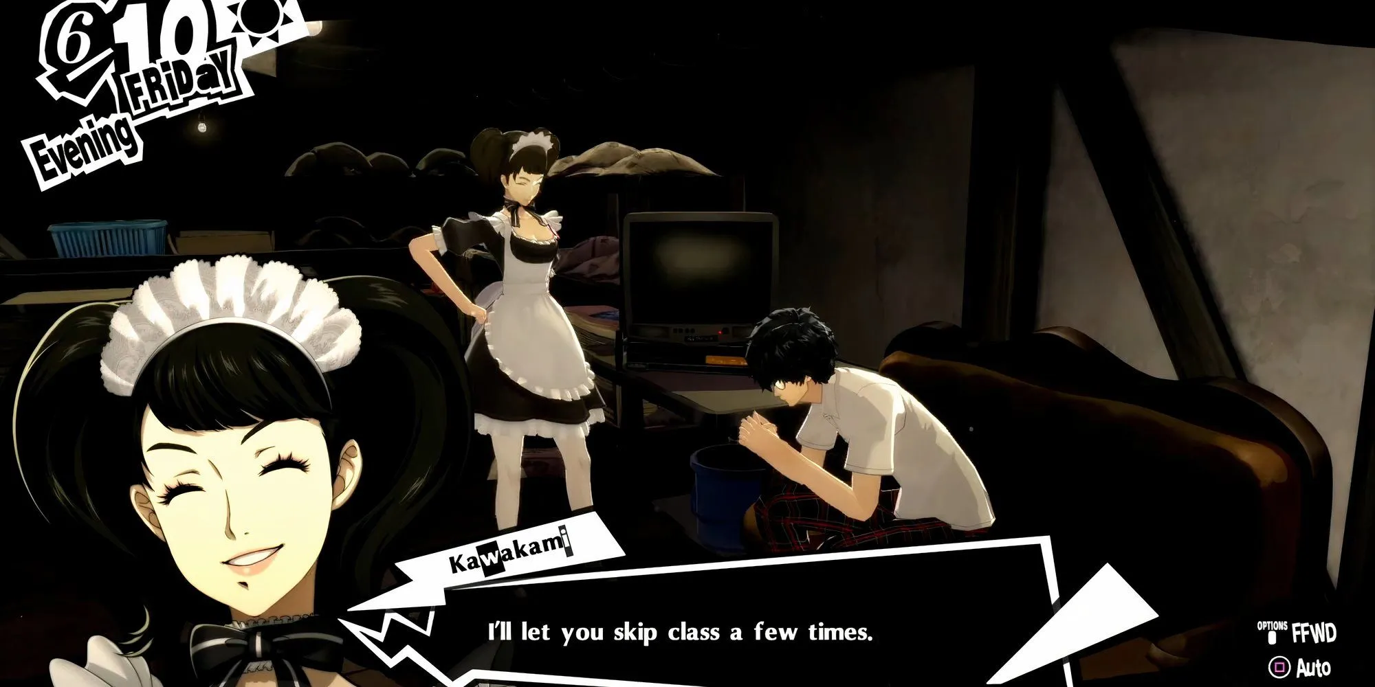 Kawakami lần đầu đến quán Leblanc làm hầu gái cho Joker trong Persona 5 Royal