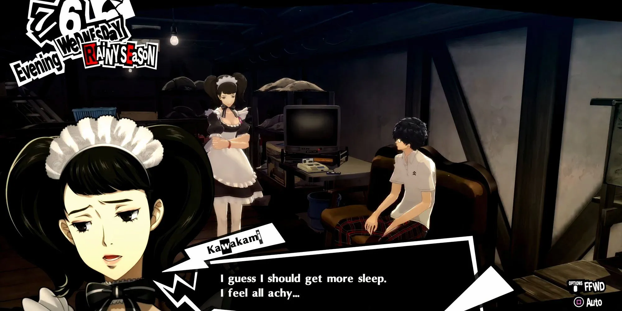 Kawakami trông mệt mỏi vì làm việc quá sức khi đến gặp Joker trong Persona 5 Royal