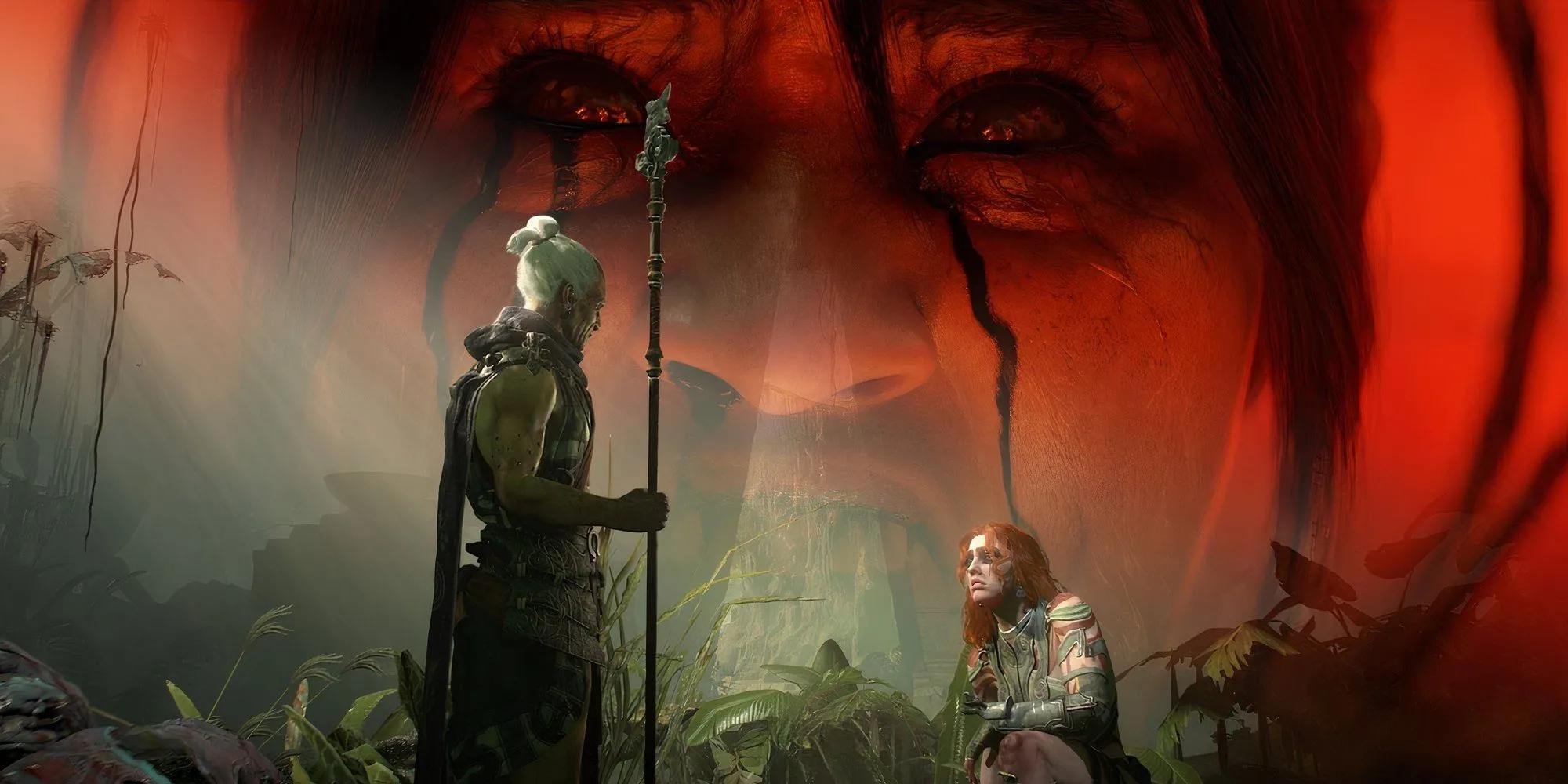 Key art của Diablo 4 Season of Hatred với Neyrelle và Eru ở Nahantu