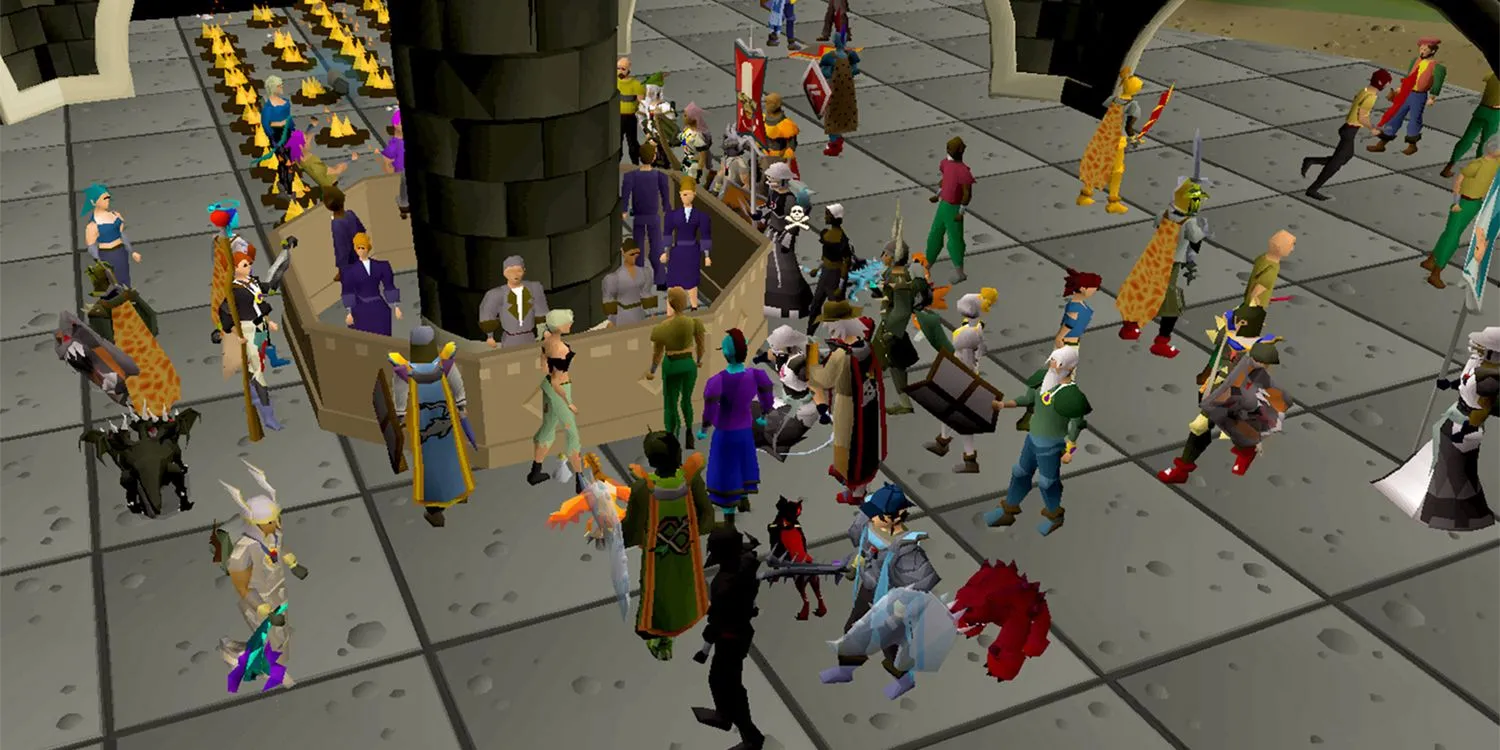 Khu vực đông đúc trong Old School RuneScape, thể hiện đồ họa 3D cũ kỹ và lạc hậu