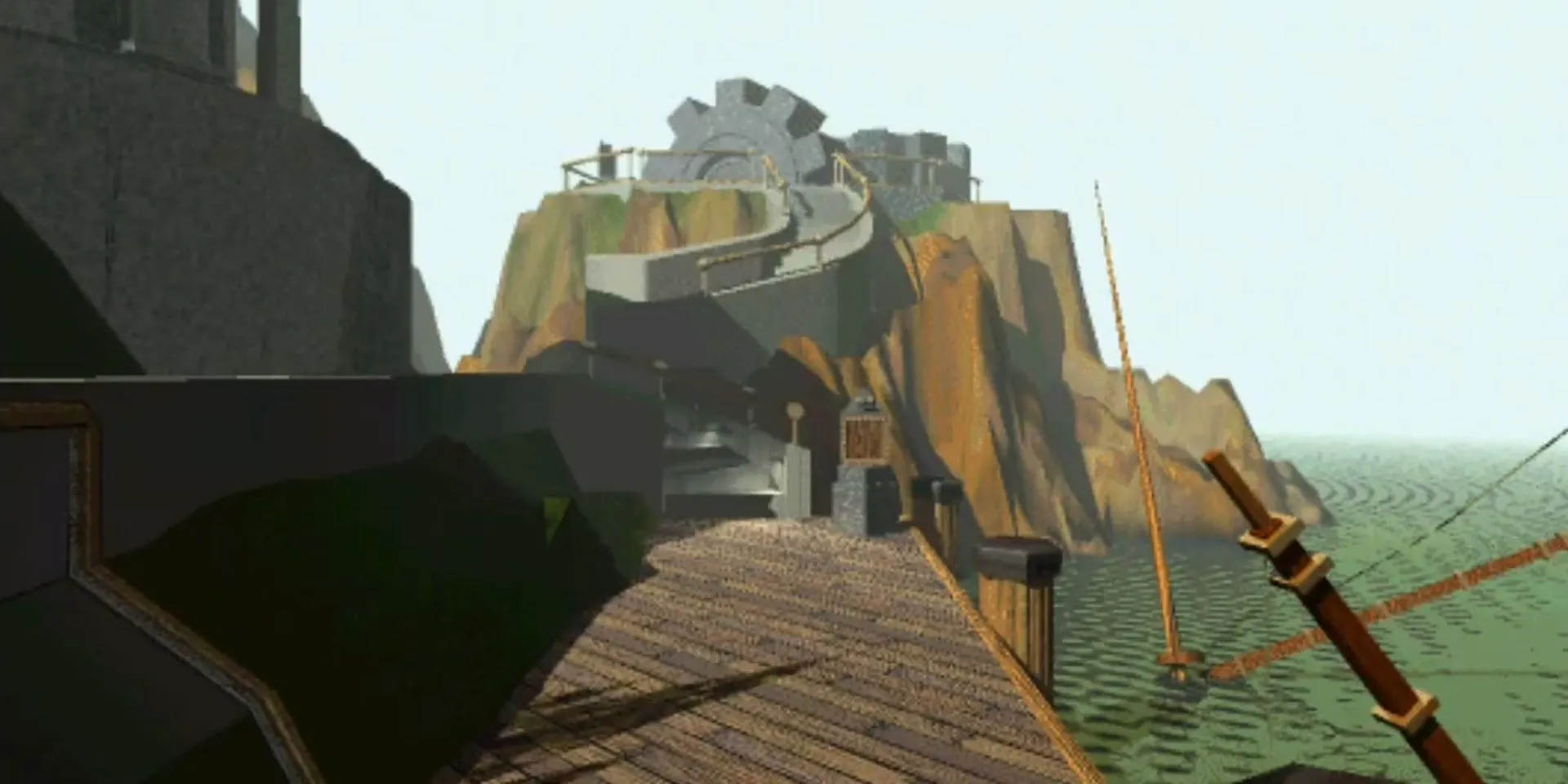 Khung cảnh bến tàu bí ẩn trong game Myst (1993) sử dụng nền tiền kết xuất tạo chiều sâu nghệ thuật