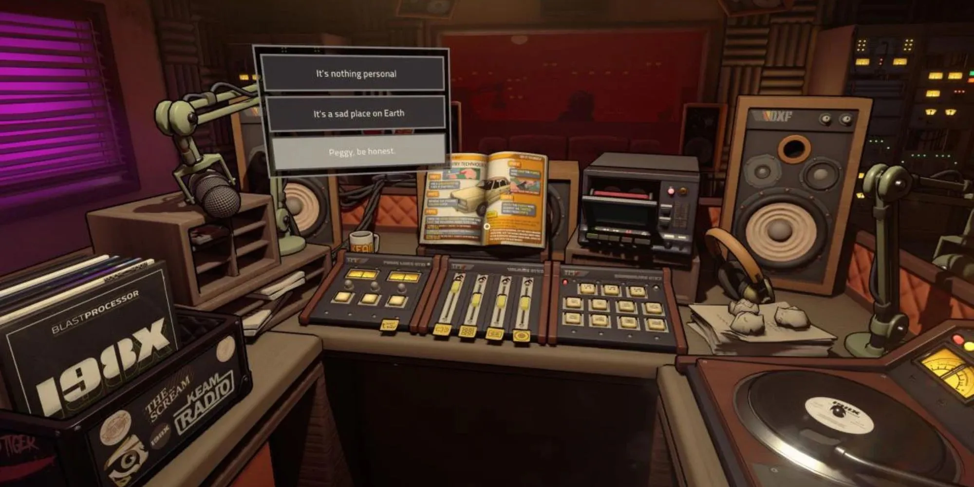 Khung cảnh bên trong một đài phát thanh vào ban đêm trong game Killer Frequency