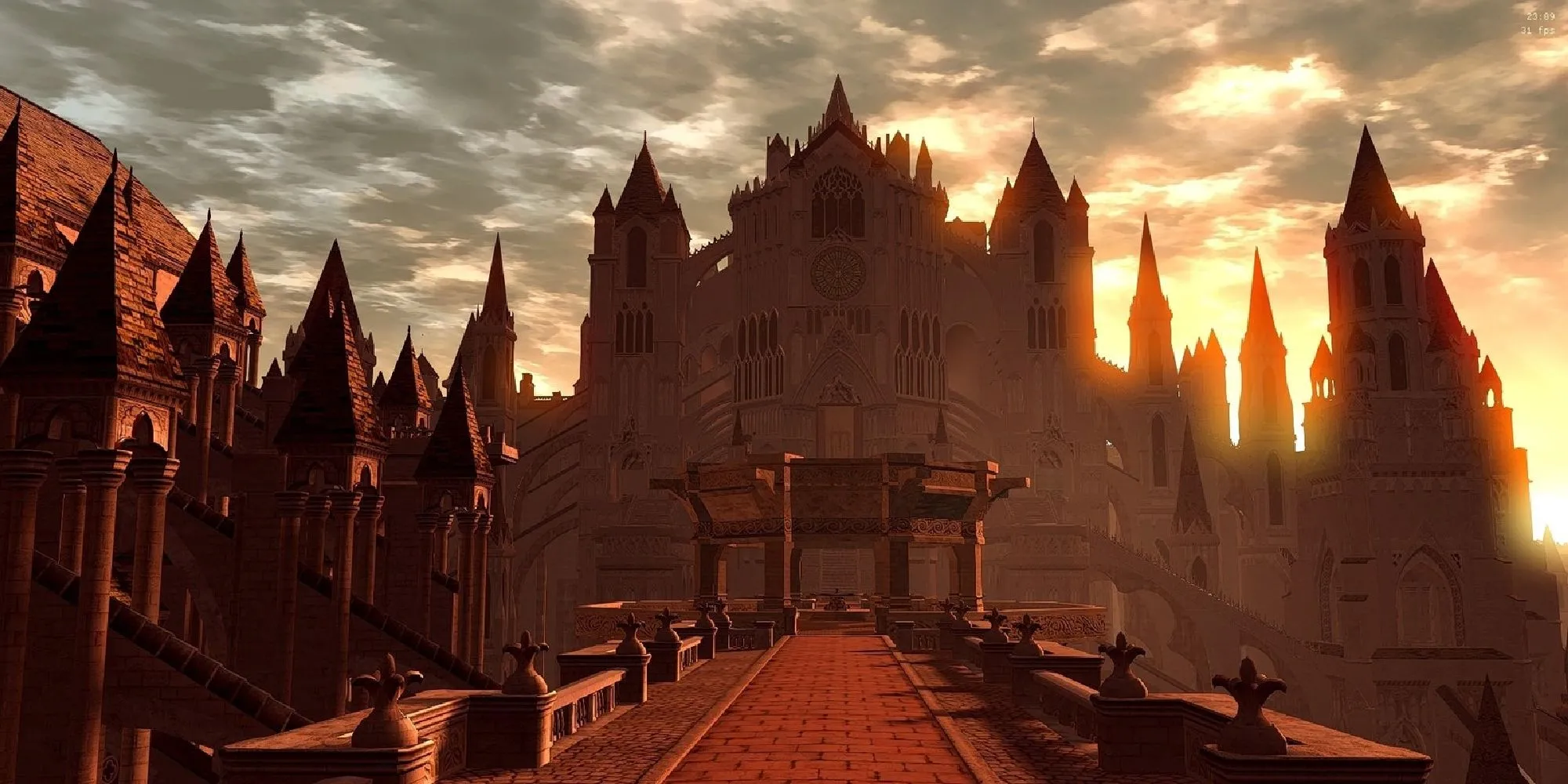 Khung cảnh ngoạn mục của Anor Londo trong ánh hoàng hôn vàng rực, thể hiện vẻ đẹp kiến trúc và sự kết nối thế giới trong game hành động nhập vai Dark Souls.