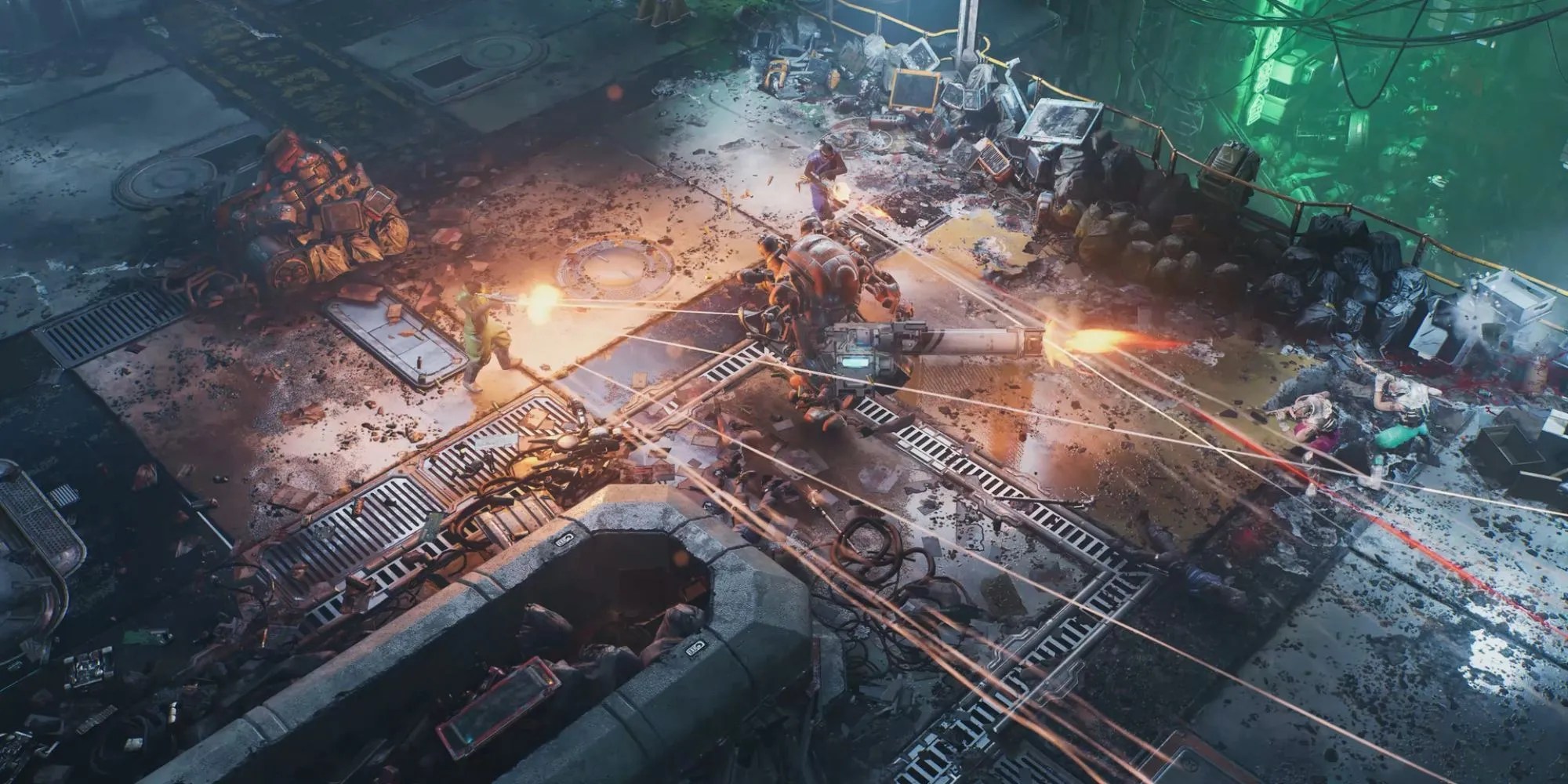 Khung cảnh thành phố cyberpunk rực rỡ ánh đèn neon trong game The Ascent nhìn từ trên cao