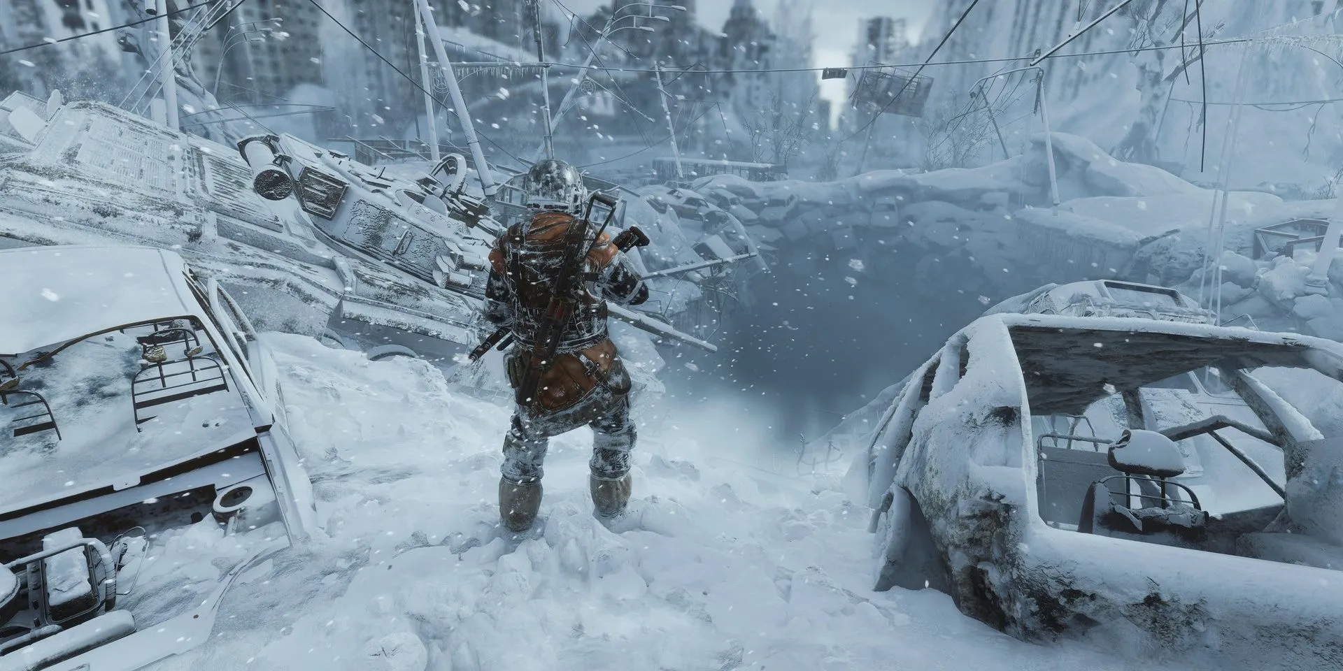 Khung cảnh tuyết rơi dày đặc trong một màn chơi của Metro Exodus