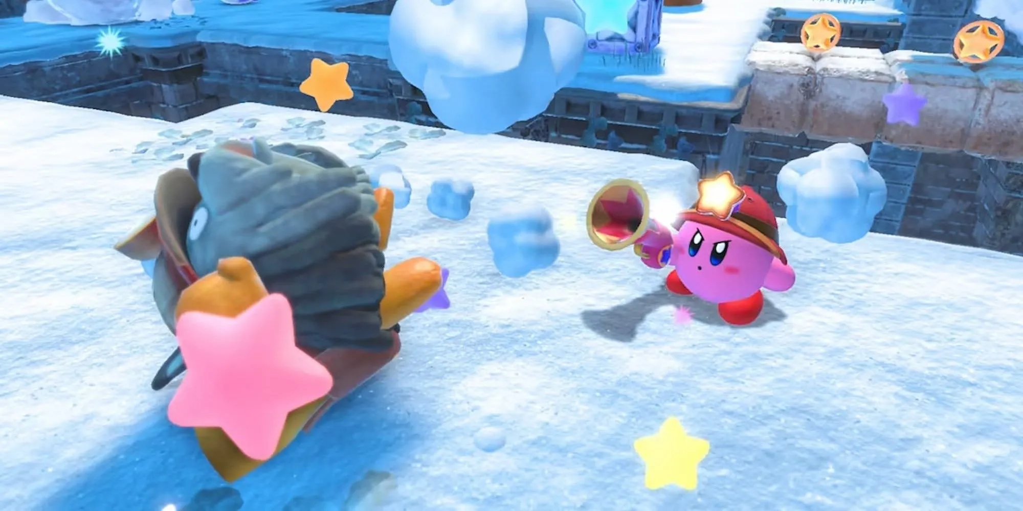 Kirby bắn kẻ thù trong game Kirby and the Forgotten Land