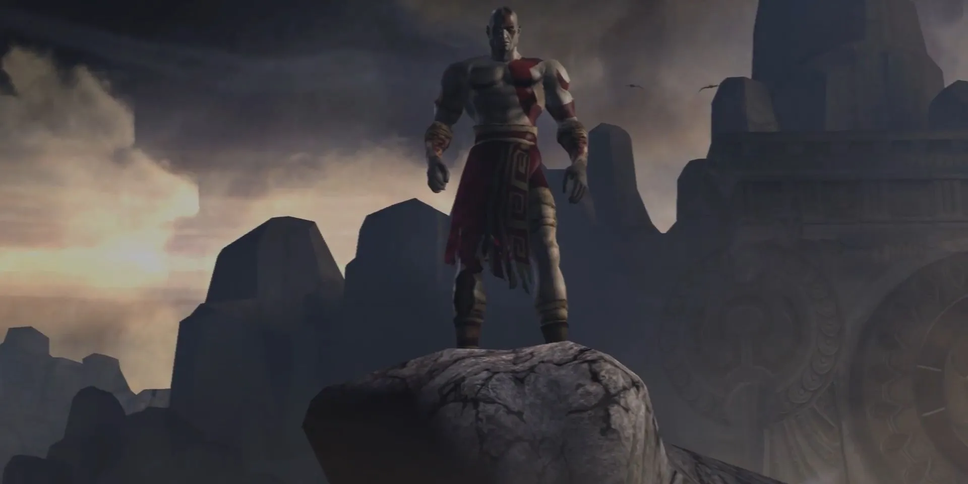 Kratos đứng trên vách đá nhìn xuống biển Aegean trong God of War 2005 trước khi tự vẫn