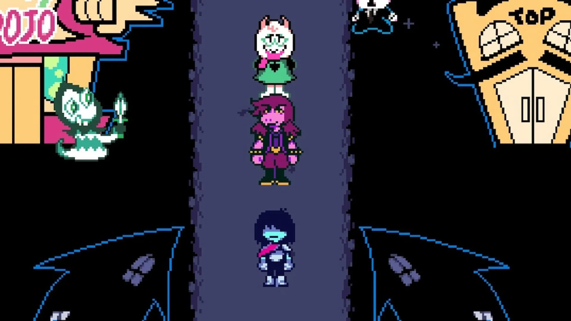 Kris, Ralsei và Susie tại thị trấn Hometown trong Deltarune, chuẩn bị cho những cuộc phiêu lưu mới