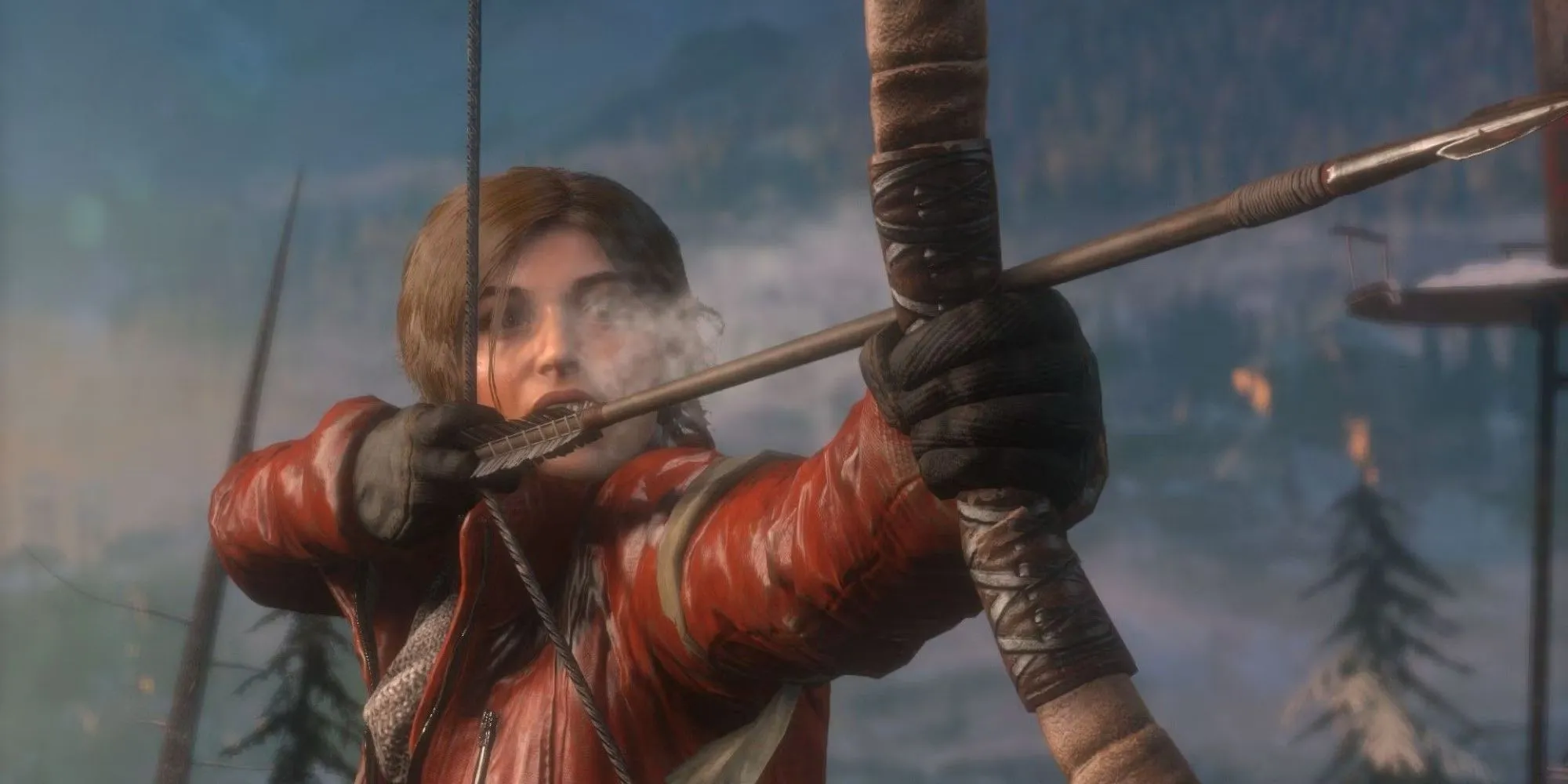Lara Croft sử dụng cung tên trong Rise of the Tomb Raider, một game hành động phiêu lưu thế giới mở.