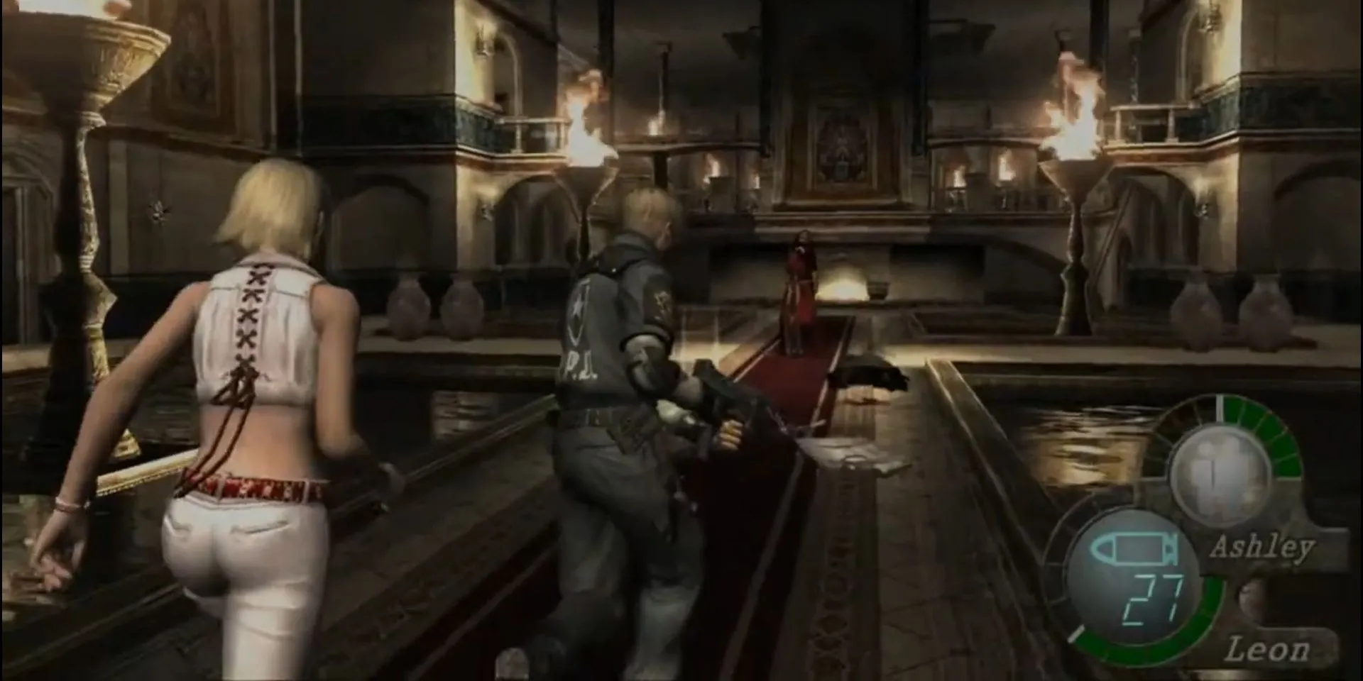 Leon và Ashley hợp tác trong màn chơi Water Hall đầy nguy hiểm của Resident Evil 4 (2005)