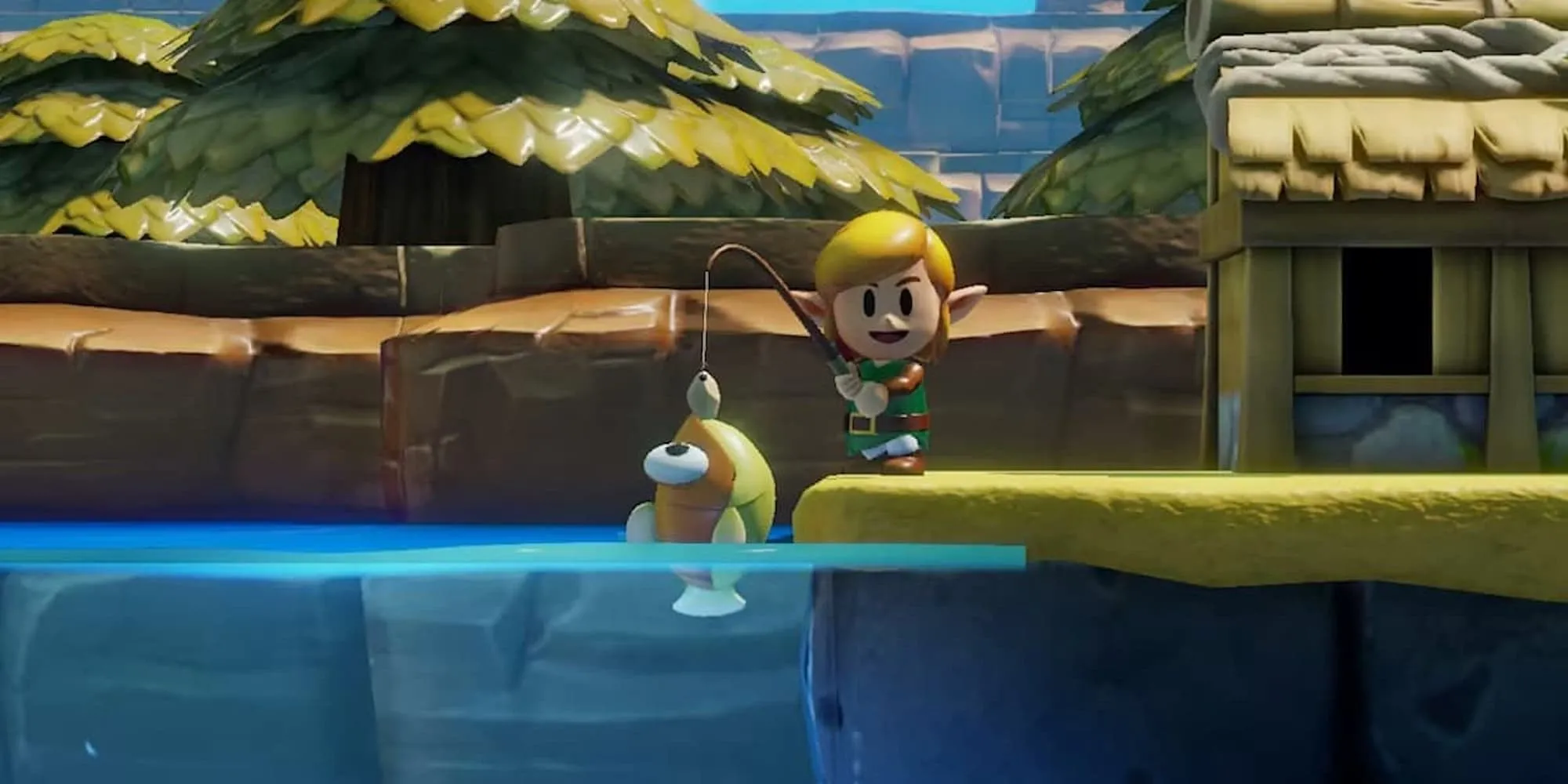 Link câu cá trong The Legend of Zelda Link's Awakening phiên bản chibi