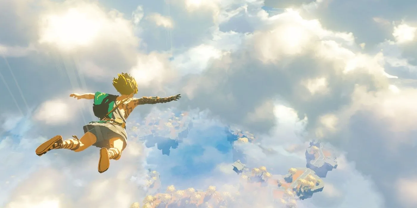 Link đang bay lượn từ những hòn đảo trên bầu trời xuống vùng đất Hyrule xanh tươi trong The Legend of Zelda: Tears of the Kingdom