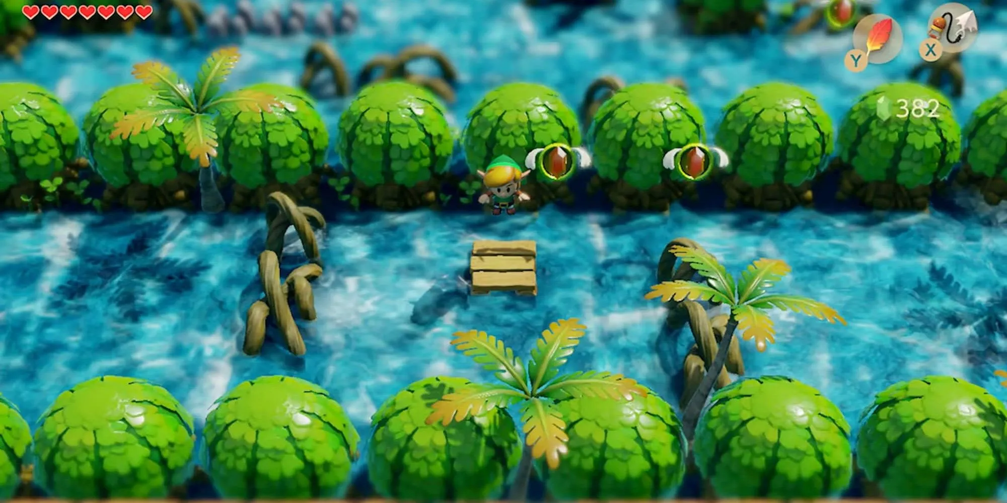 Link đang nhảy qua một con sông trong thế giới đầy màu sắc của The Legend of Zelda: Link's Awakening.