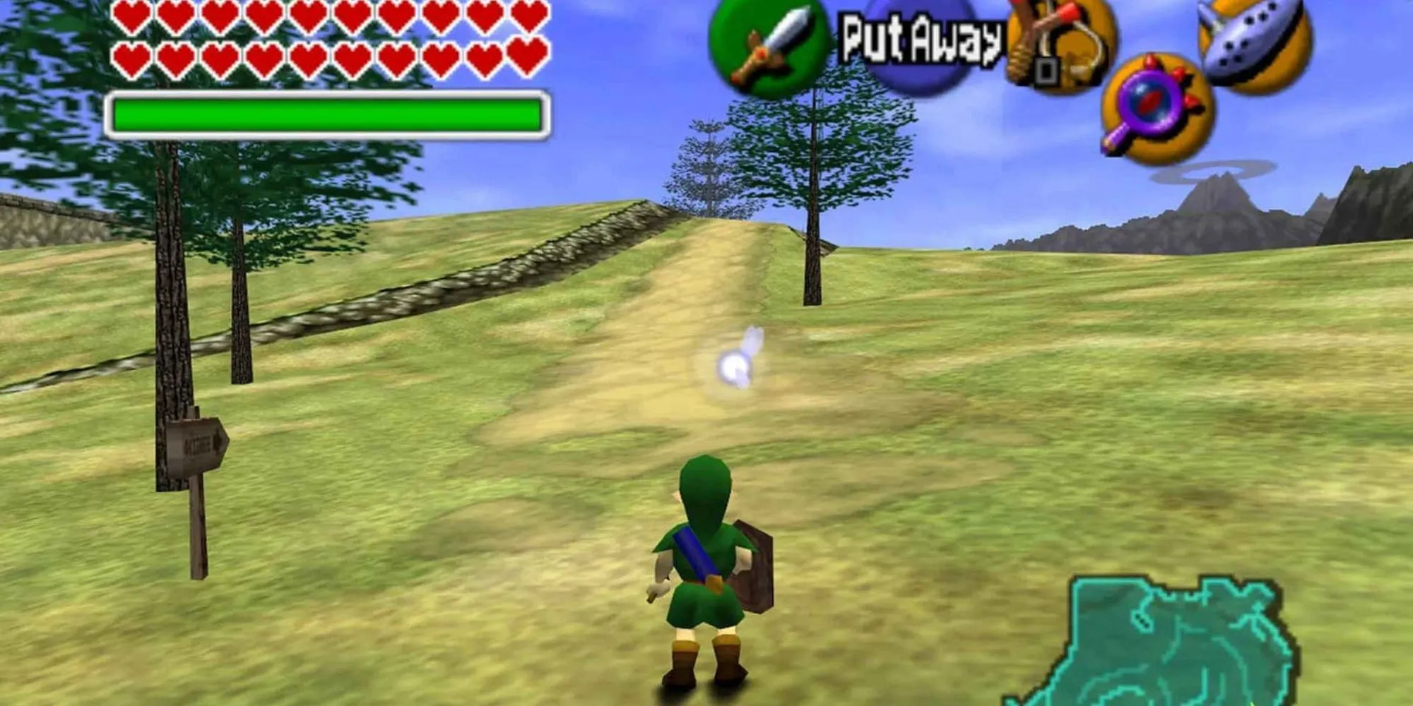 Link khám phá thế giới Hyrule trong Legend of Zelda: Ocarina of Time trên hệ máy Nintendo 64