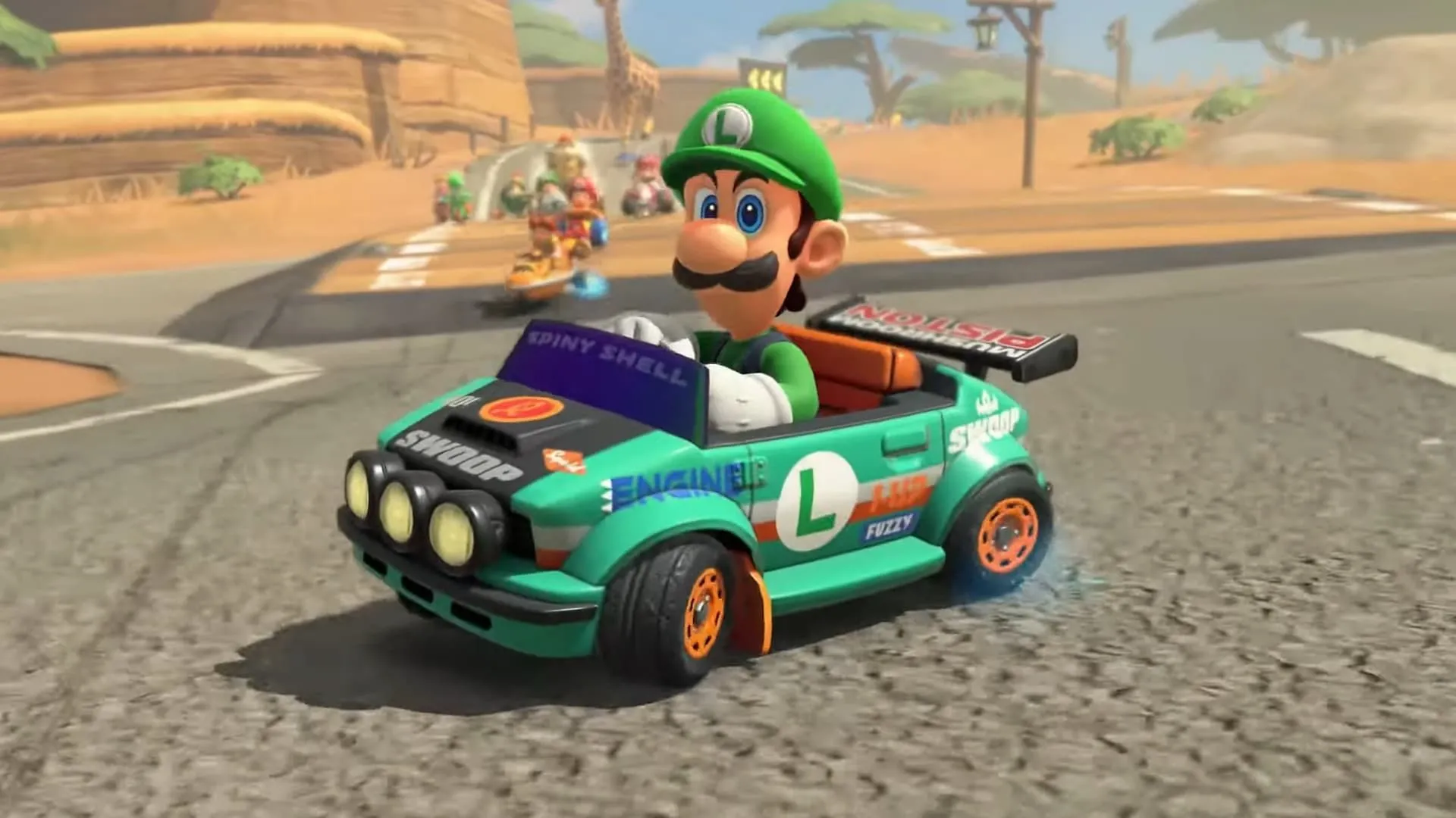 Luigi đang lái xe kart trong hình ảnh quảng bá của Mario Kart World