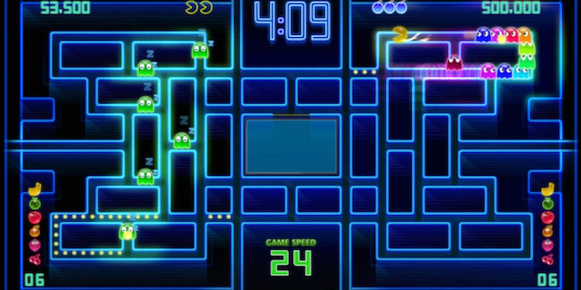 Màn chơi cổ điển trong PAC-MAN Championship Edition DX với nhiều chấm và ma