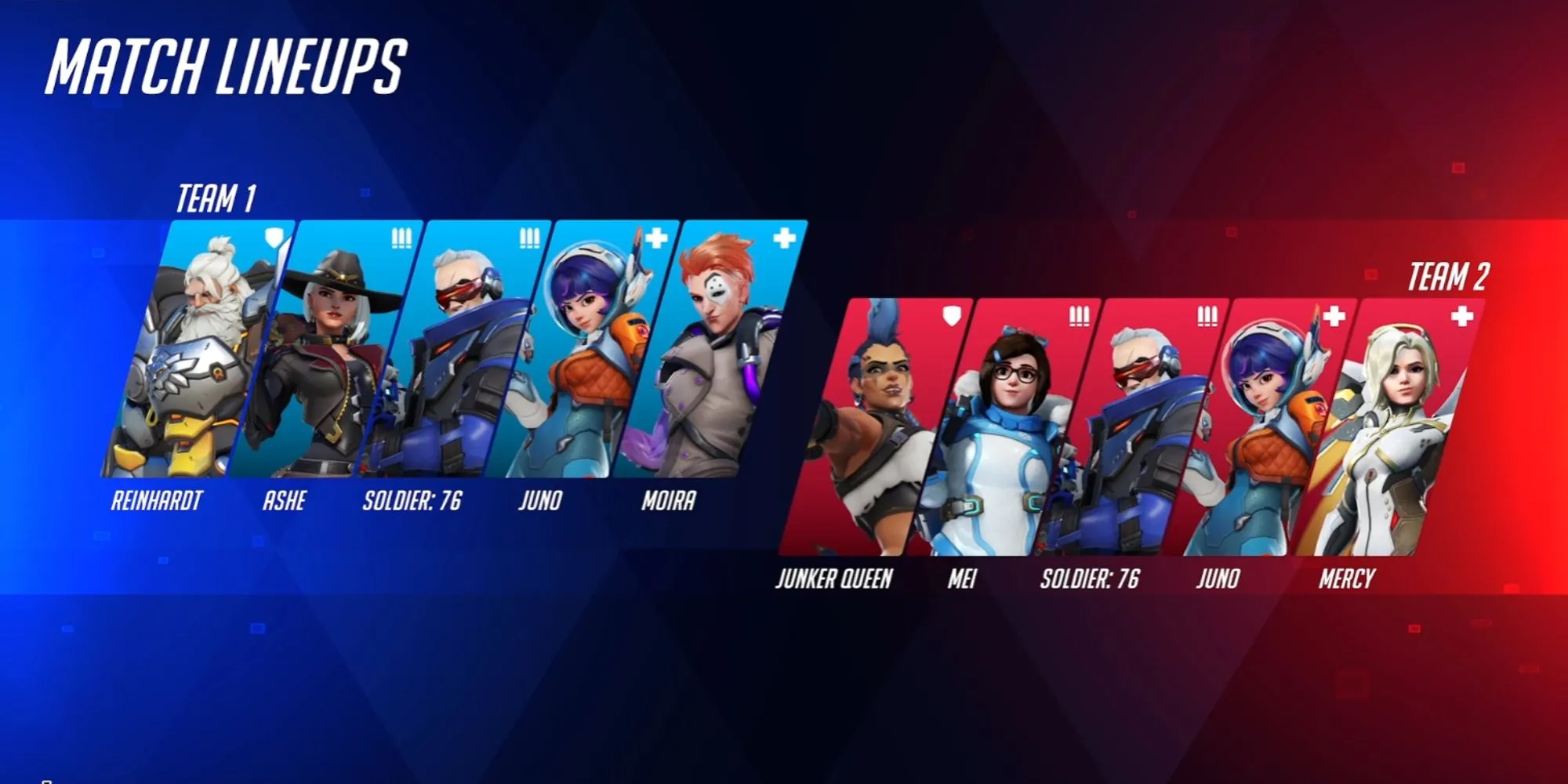 Màn hình hiển thị đội hình xuất phát của hai đội trong một trận đấu Overwatch 2 Stadium.