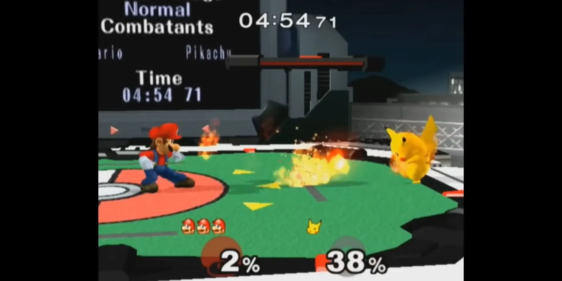 Mario chiến đấu với Pikachu trong một màn chơi của Super Smash Bros. Melee