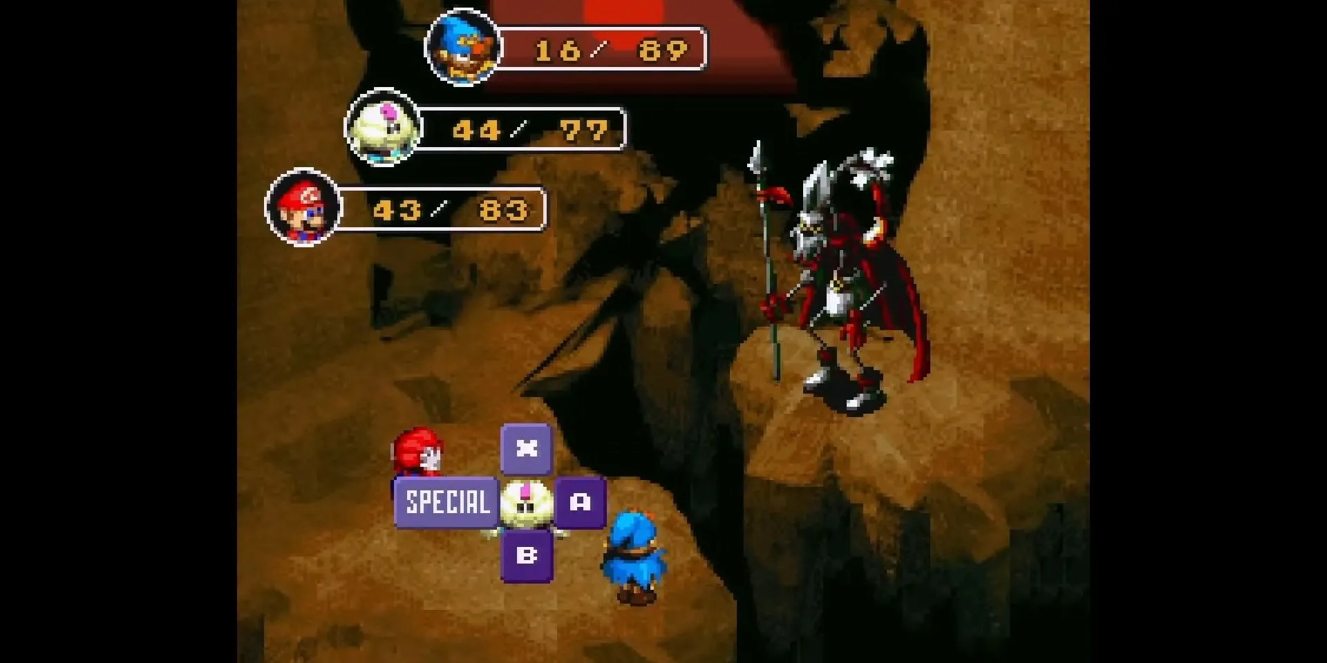 Mario và đồng đội chiến đấu Yaridovich trong Super Mario RPG với bối cảnh chiến đấu tiền kết xuất ấn tượng