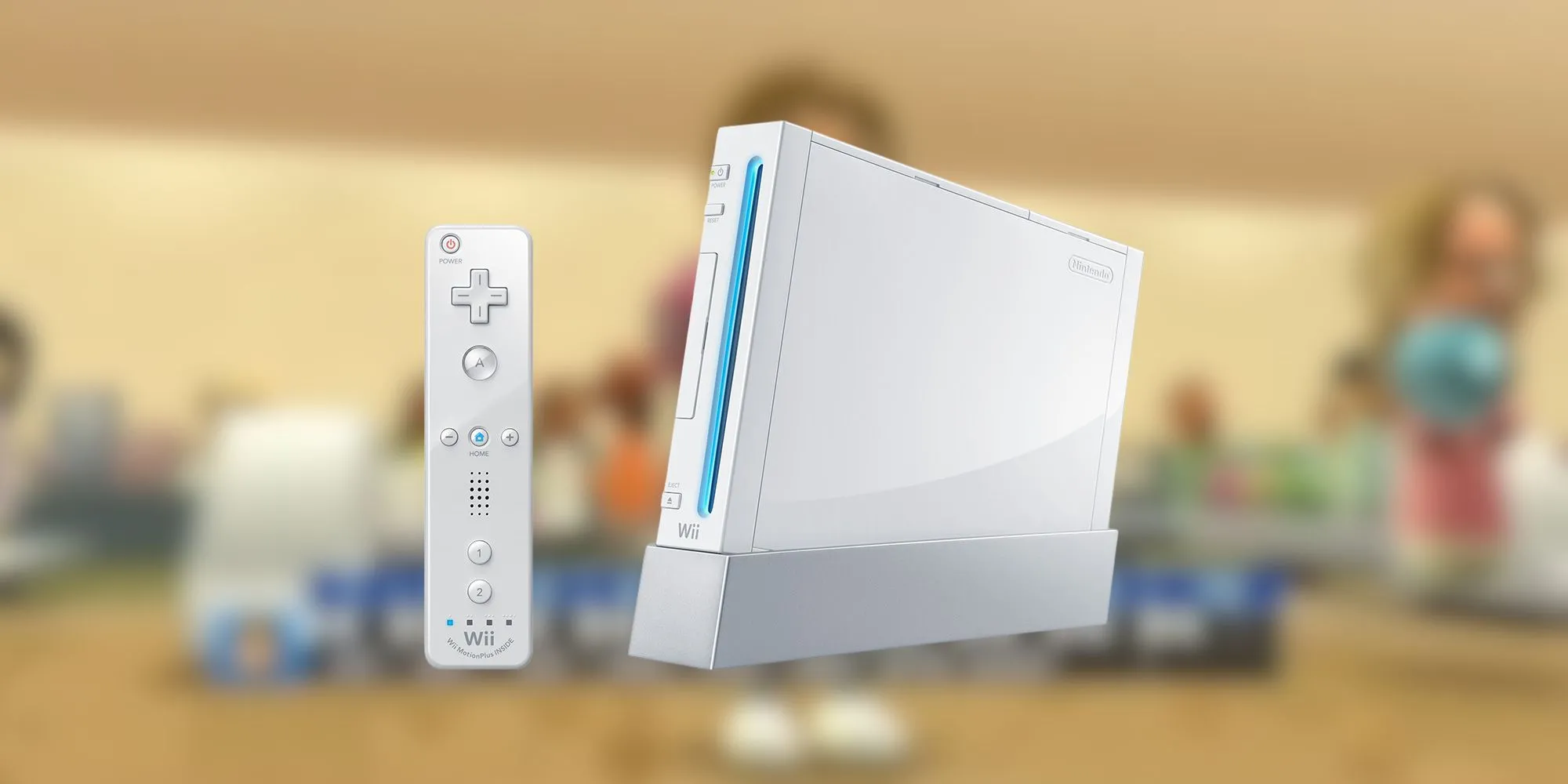 Máy chơi game Nintendo Wii màu trắng cùng với tay cầm Wiimote và Nunchuk