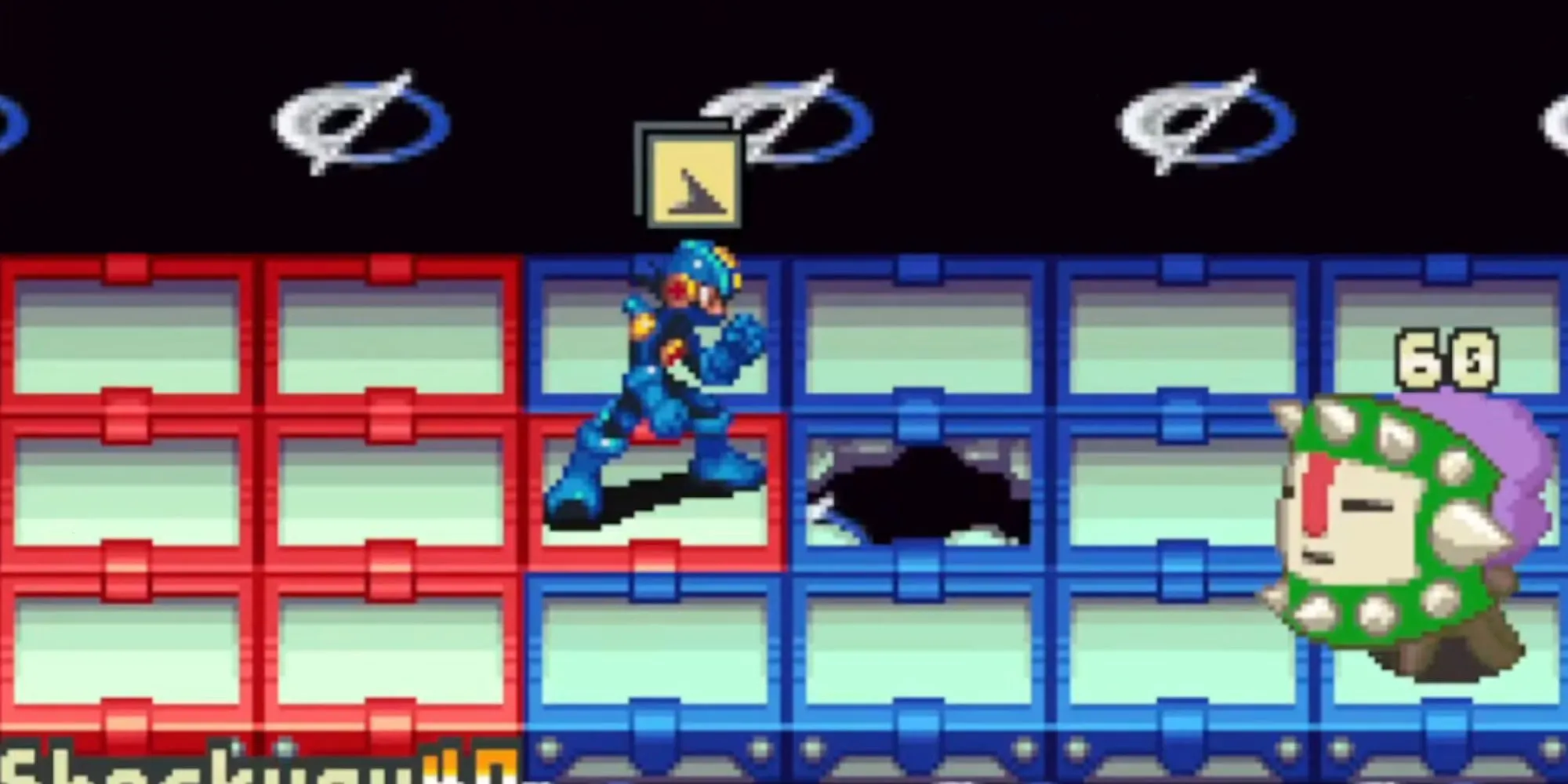 MegaMan.EXE chiến đấu trên lưới ô vuông trong Mega Man Battle Network 2 GBA, thể hiện cơ chế chiến thuật thời gian thực độc đáo.