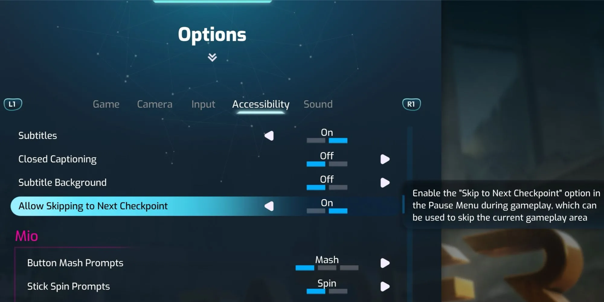 Menu tùy chọn bỏ qua checkpoint trong game Split Fiction