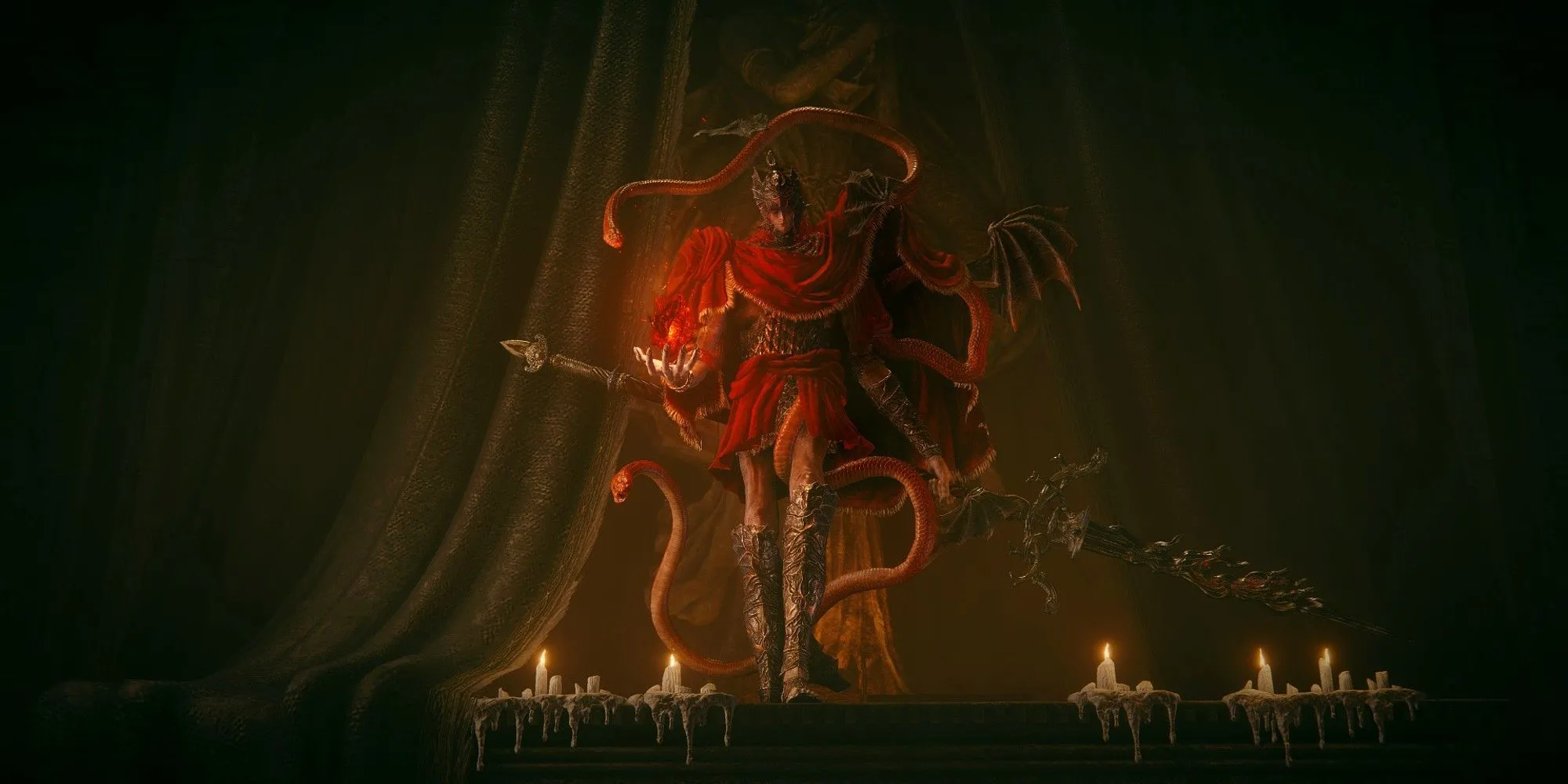 Messmer the Impaler, một trùm trong DLC Shadow of the Erdtree của Elden Ring, với ngọn lửa đặc trưng