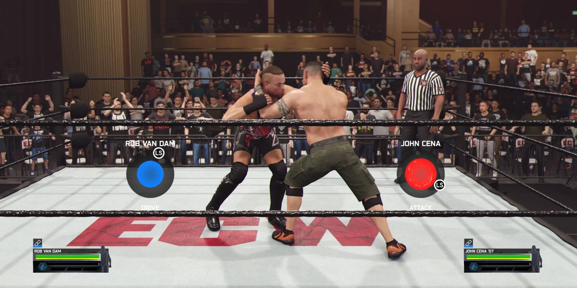 Minigame xoay joystick để giành lợi thế trong một pha chain wrestling của game WWE 2K25.