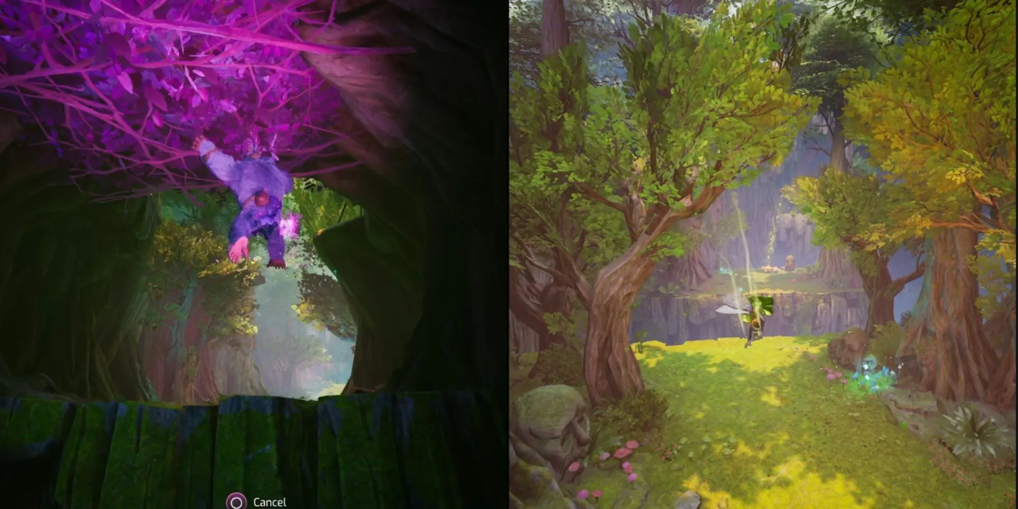 Mio dạng Khỉ leo trần và Zoe dạng Tiên Nhỏ bay qua vực trong khu vực The Underlands của Split Fiction