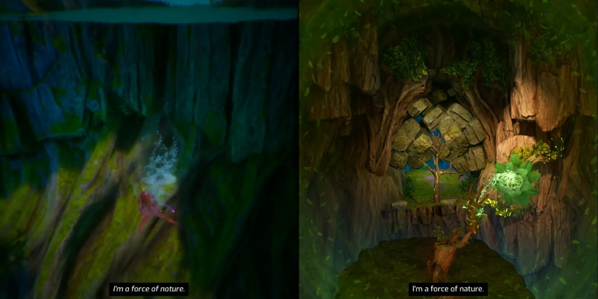Mio dạng Rái Cá bơi qua hồ và Zoe dạng Mộc Tinh nâng tảng đá trong The Underlands Split Fiction