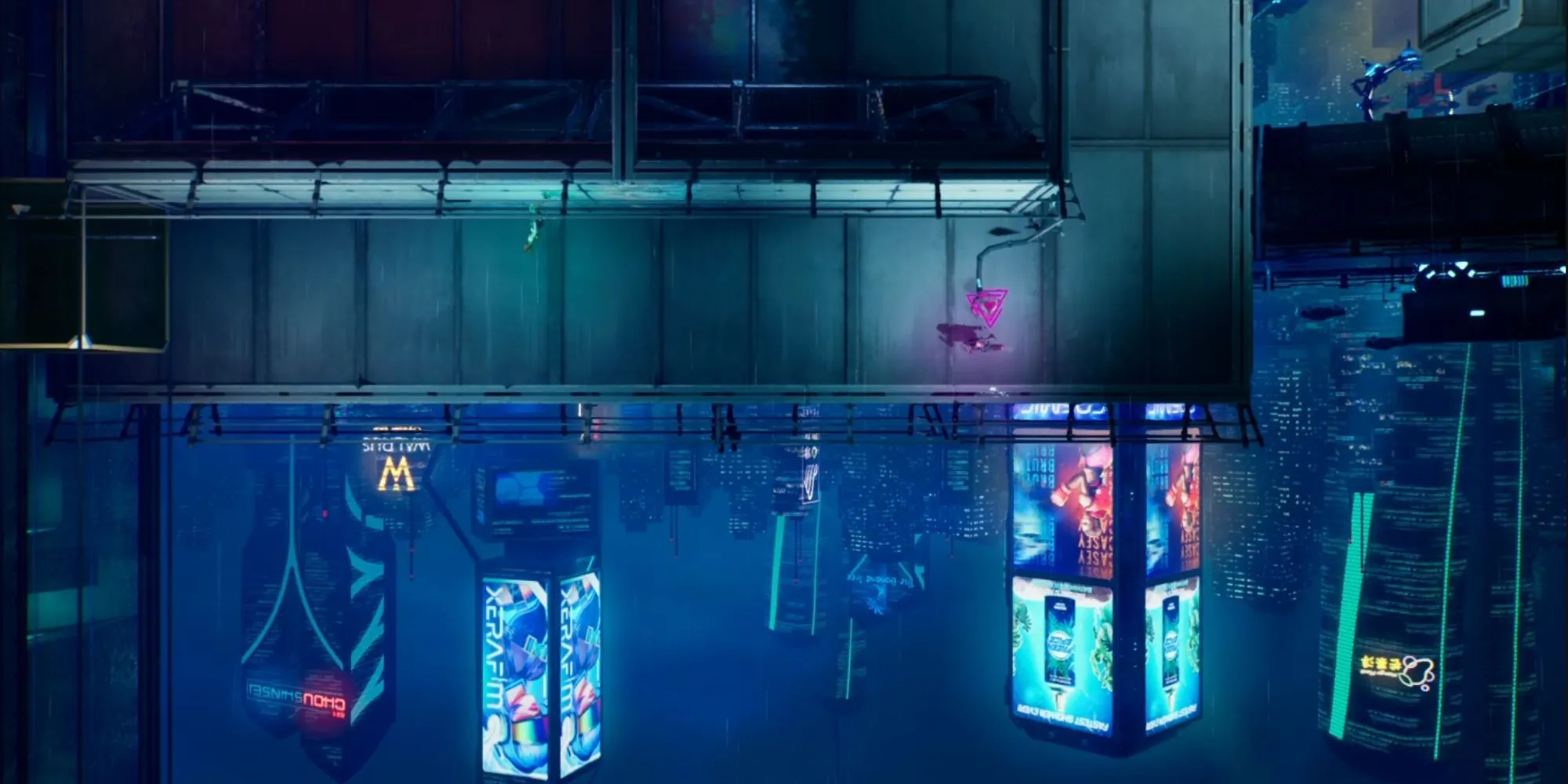 Mio di chuyển trên tường của một tòa nhà trong khi Zoe quan sát từ dưới trong Split Fiction Neon Revenge