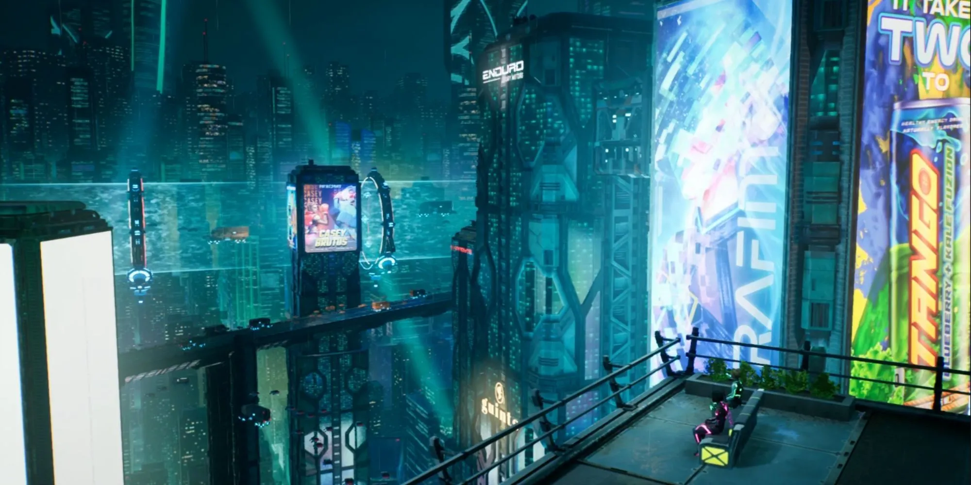 Mio và Zoe ngồi nghỉ trên băng ghế, ngắm nhìn thành phố trong Split Fiction Neon Revenge