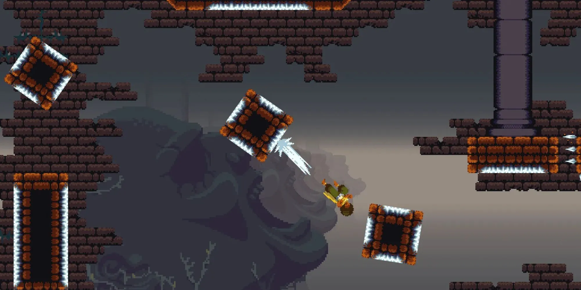 Một cảnh chiến đấu trong game platformer kỳ ảo với nhân vật chính và kẻ thù